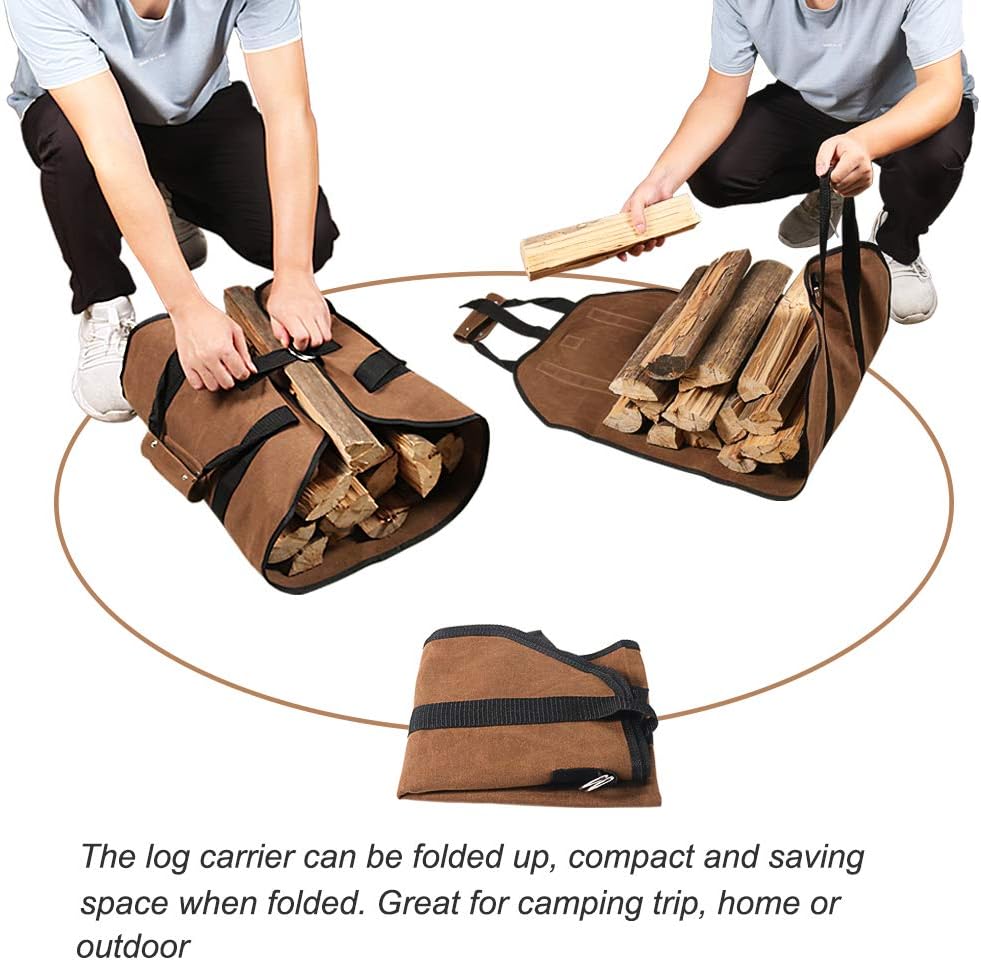 Firewood Carrier, 38in x 18in 16oz Waxed Canvas Log Carrier for Firewood, Wood Carrying Bag with Handles Securing Straps for Indoors Camping Trip, Gifts for Men Dad Husband (Brown) - Image 6