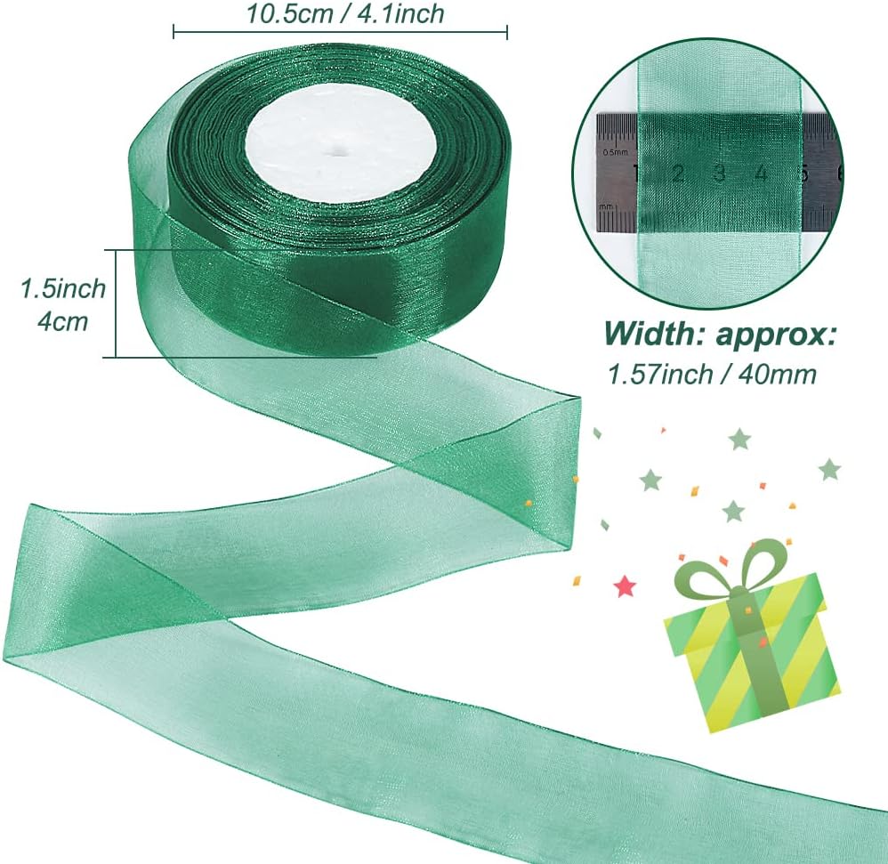 Green Sheer Ribbon, 50 Yards 1-1/2 inch Wide Shimmer Sheer Organza Ribbon for Bow Making, Gift Wrapping, Box Packaging, Crafting, Christmas Decoration and More - Image 2