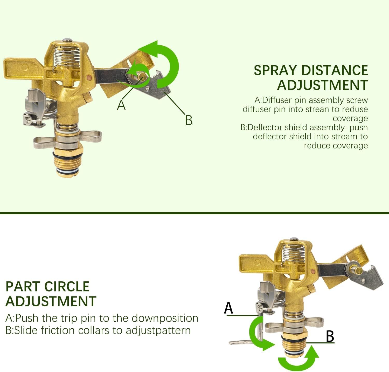 1/2 Inch Brass Impact Sprinkler, Heavy Duty Water Sprinkler Head, Adjustable 0-360 Degree Coverage Pattern, Watering Sprinkler with Nozzles for Large Patio Garden Irrigation (1 Pack) - Image 7