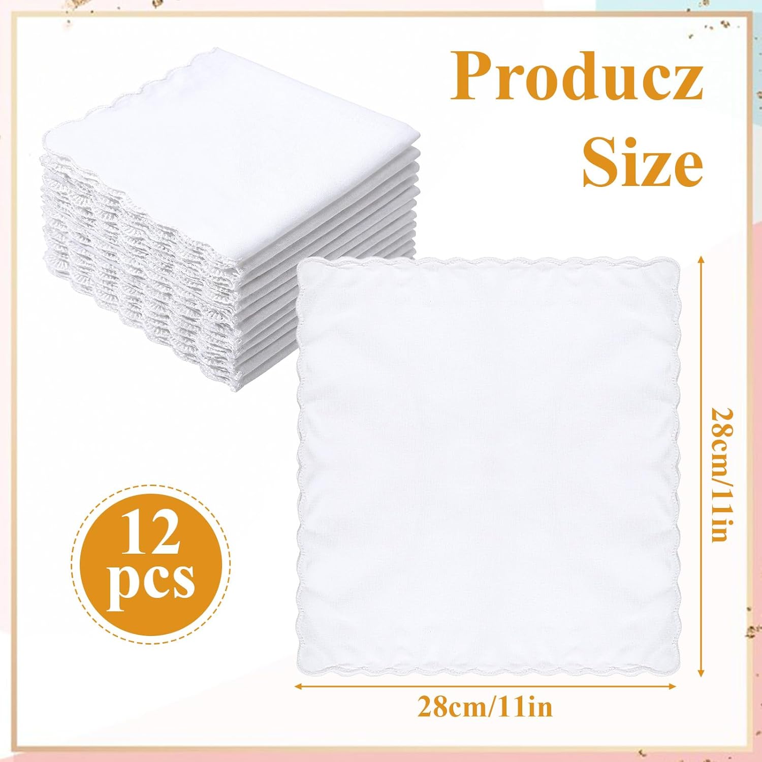 12 Pcs White Handkerchiefs for Women, Premium Polyester Soft Scalloped Edge Ladies Handkerchiefs Hankies, Small Pocket Squares Handkerchief for Wedding Party Gift Embroidery (11 x 11 Inch) - Image 2