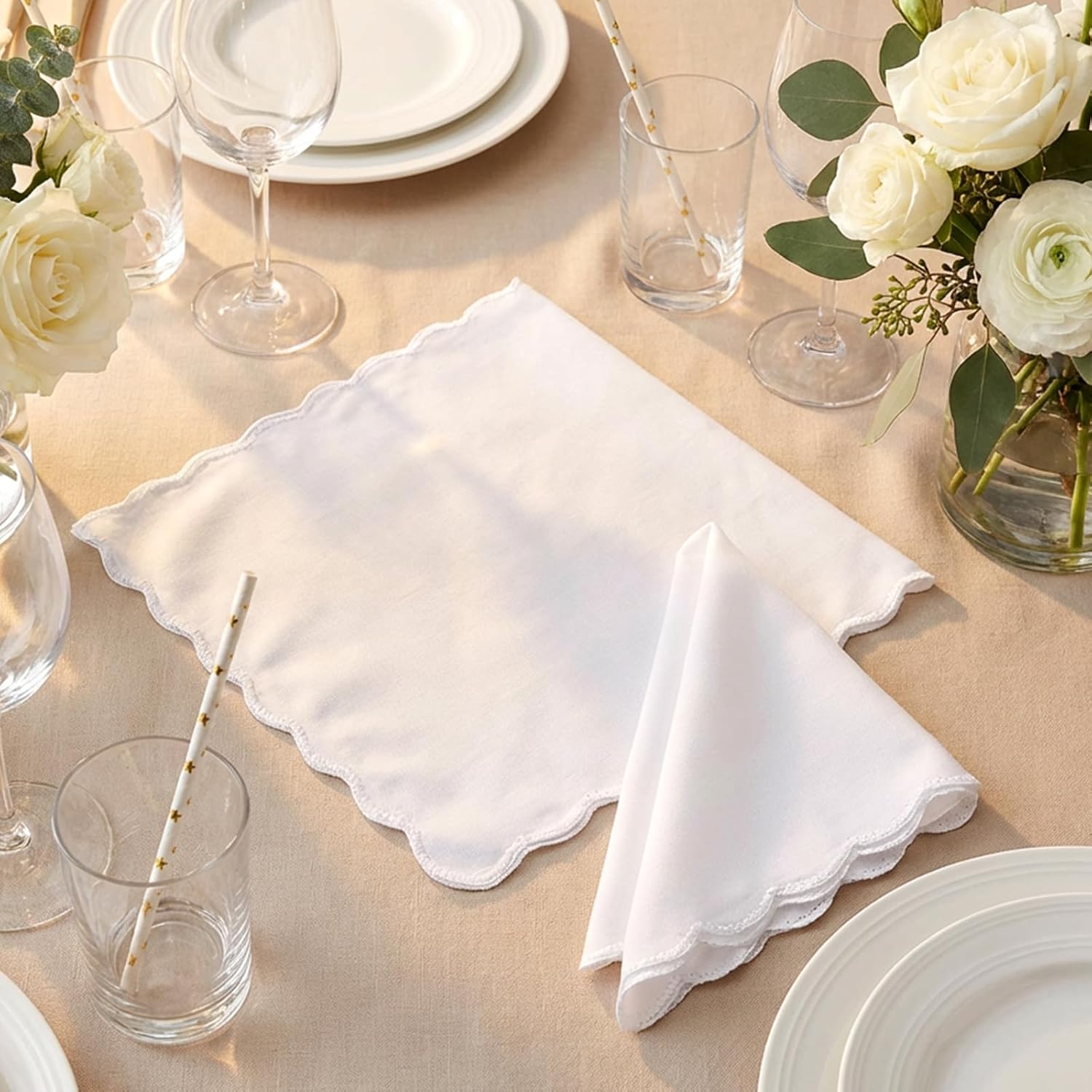 12 Pcs White Handkerchiefs for Women, Premium Polyester Soft Scalloped Edge Ladies Handkerchiefs Hankies, Small Pocket Squares Handkerchief for Wedding Party Gift Embroidery (11 x 11 Inch) - Image 4