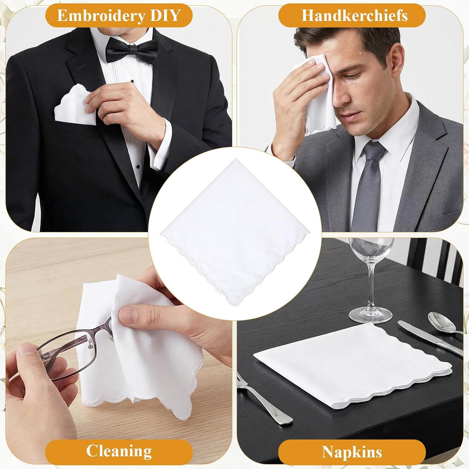 12 Pcs White Handkerchiefs for Women, Premium Polyester Soft Scalloped Edge Ladies Handkerchiefs Hankies, Small Pocket Squares Handkerchief for Wedding Party Gift Embroidery (11 x 11 Inch) - Image 7