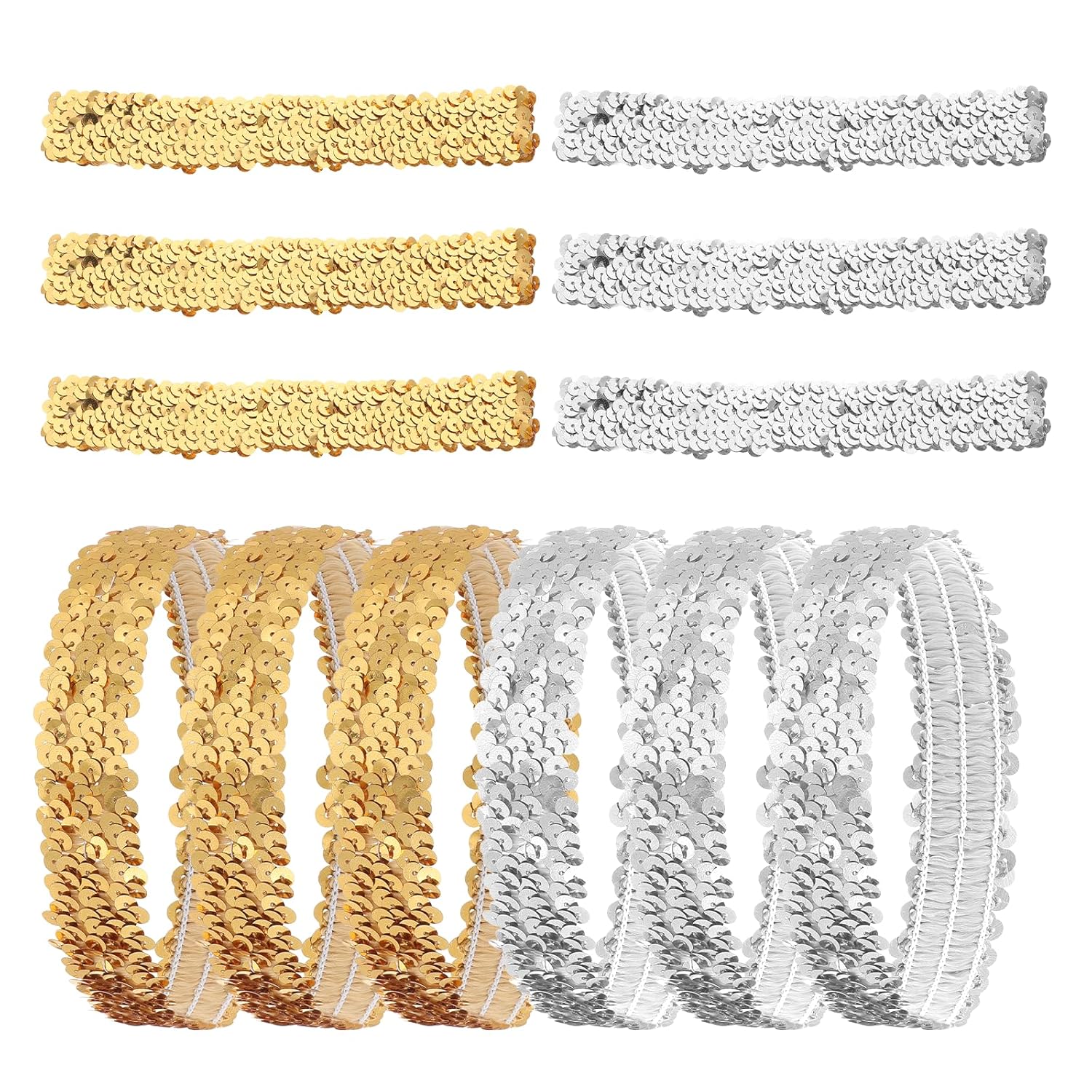 Silver Sequin Headband, 12 PCS 80s 90s Vintage Elastic Sparkle Dance Stretch Head Band Disco Hair Band Stylish Glitter Headpiece Shimmering Party Hair Accessories for Girls Women (Silver, Gold) - Image 1