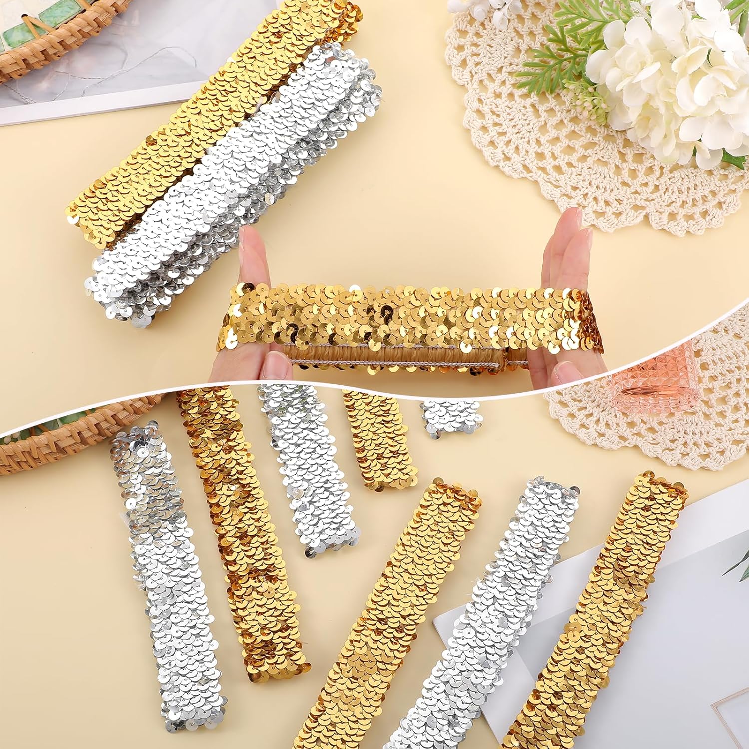 Silver Sequin Headband, 12 PCS 80s 90s Vintage Elastic Sparkle Dance Stretch Head Band Disco Hair Band Stylish Glitter Headpiece Shimmering Party Hair Accessories for Girls Women (Silver, Gold) - Image 2