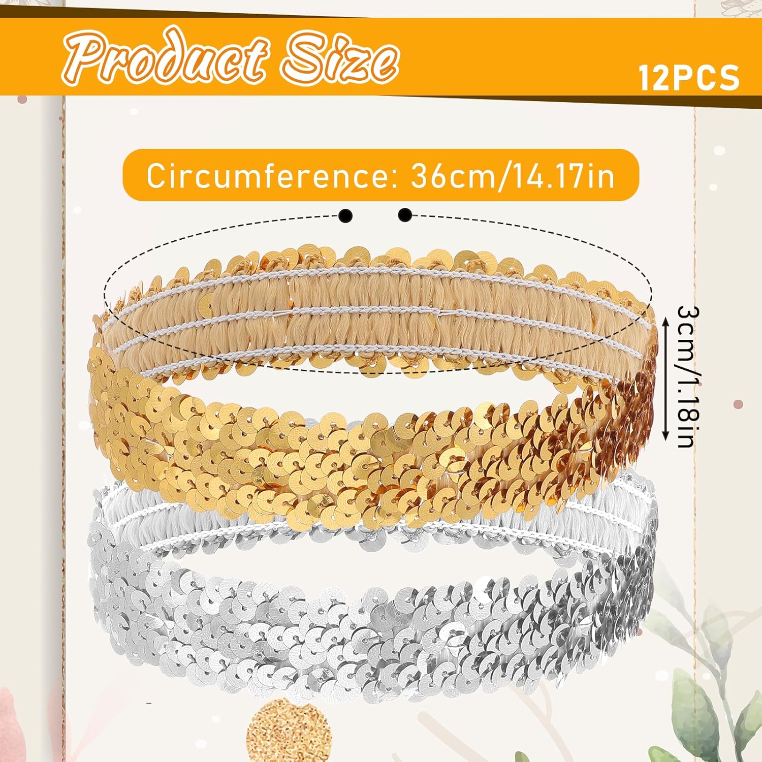 Silver Sequin Headband, 12 PCS 80s 90s Vintage Elastic Sparkle Dance Stretch Head Band Disco Hair Band Stylish Glitter Headpiece Shimmering Party Hair Accessories for Girls Women (Silver, Gold) - Image 3