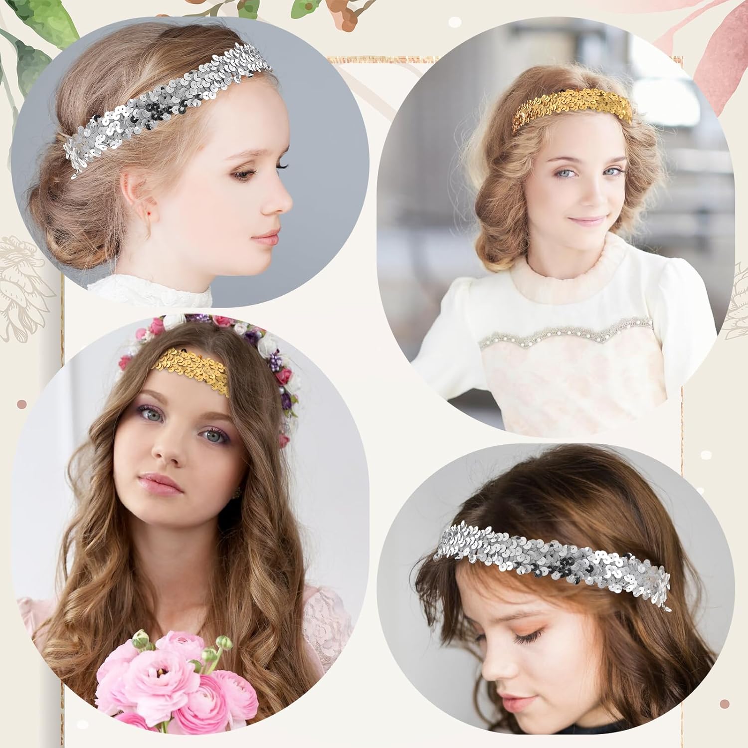 Silver Sequin Headband, 12 PCS 80s 90s Vintage Elastic Sparkle Dance Stretch Head Band Disco Hair Band Stylish Glitter Headpiece Shimmering Party Hair Accessories for Girls Women (Silver, Gold) - Image 4