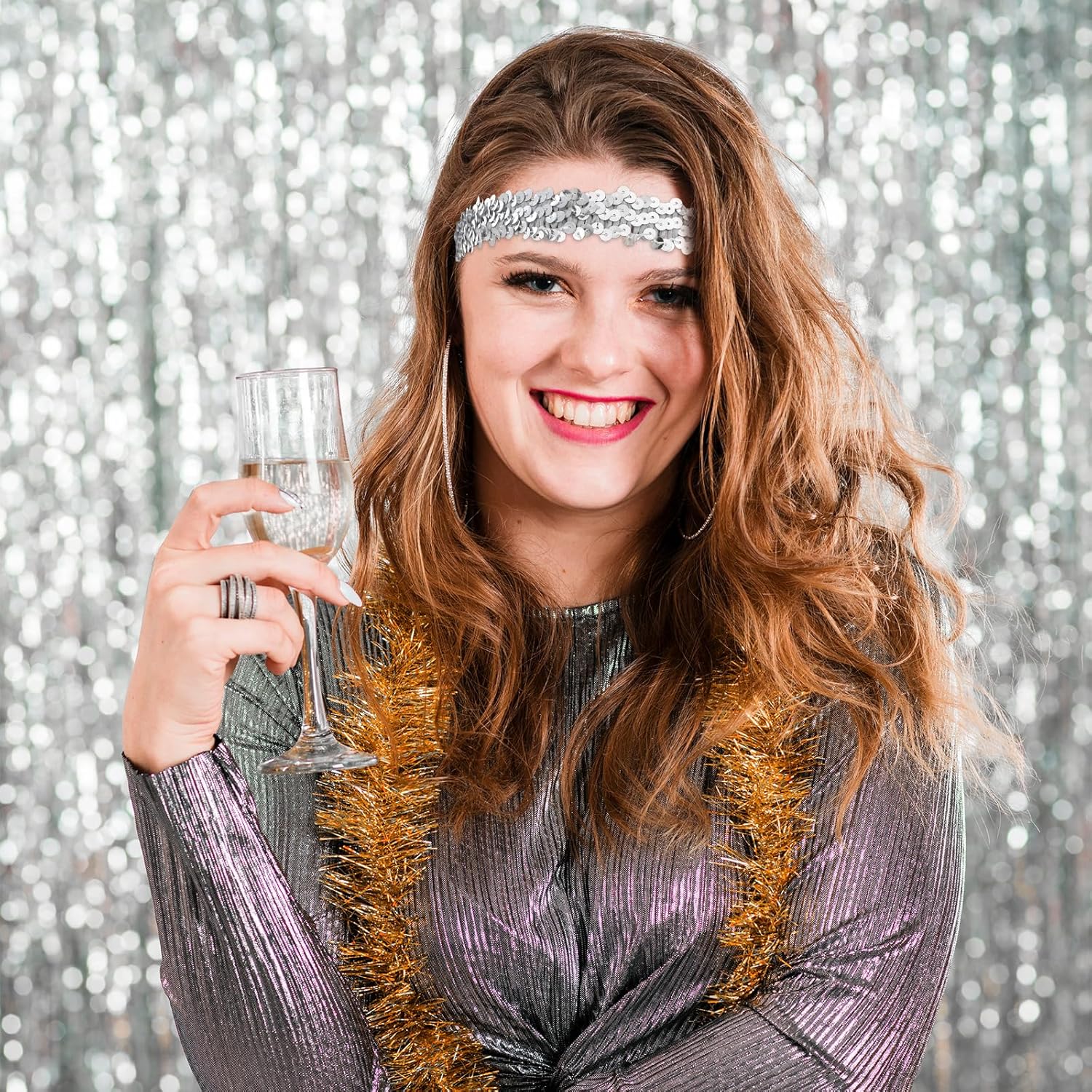 Silver Sequin Headband, 12 PCS 80s 90s Vintage Elastic Sparkle Dance Stretch Head Band Disco Hair Band Stylish Glitter Headpiece Shimmering Party Hair Accessories for Girls Women (Silver, Gold) - Image 5