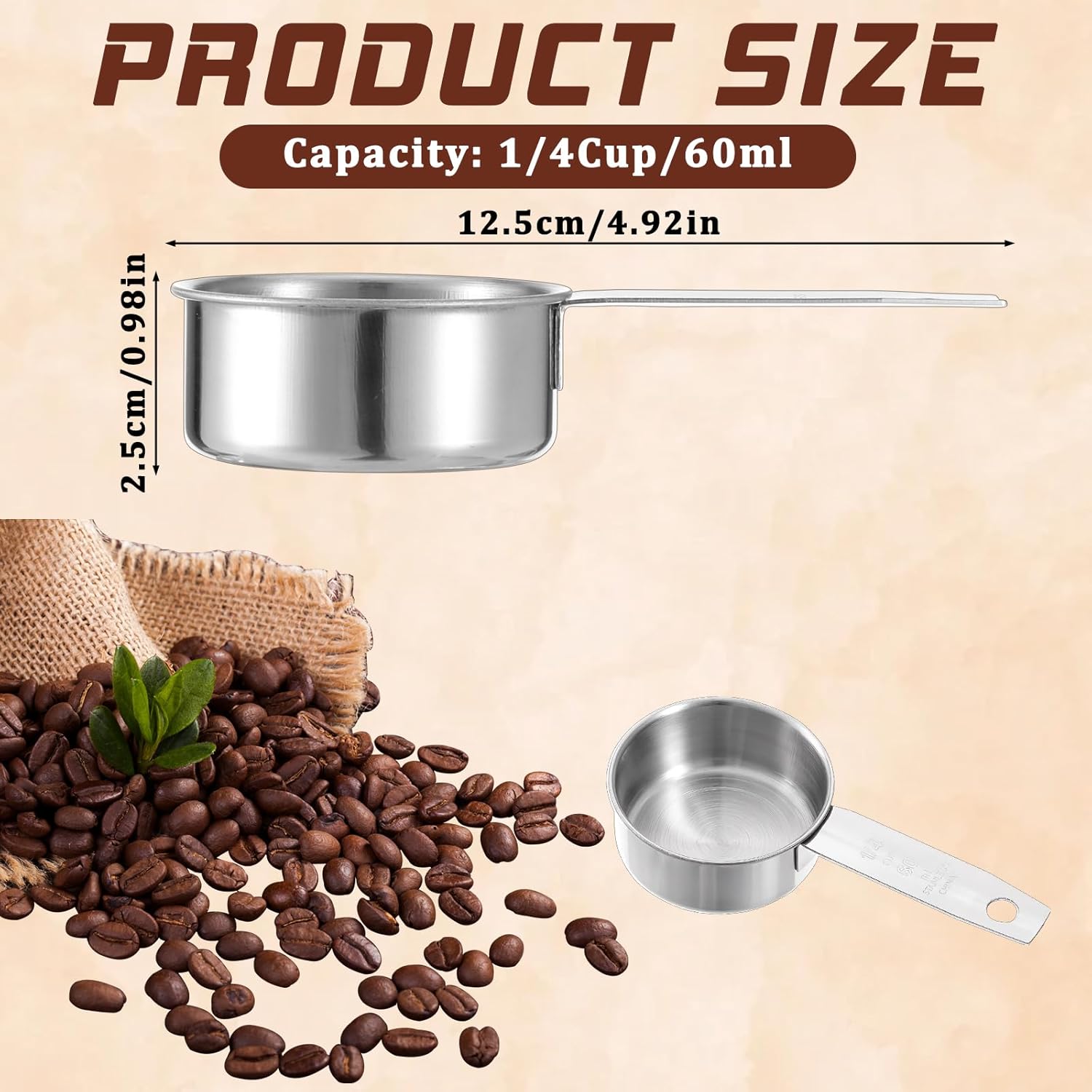 4 Pcs 1/4 Cup Measuring Cup, 60 ml Stainless Steel Measuring Cups Inner Scale Metal Liquid Measure Scoop 2 oz Cups for Coffee, Cooking, Baking, Kitchen Wet and Dry Ingredients, Dishwasher Safe - Image 3