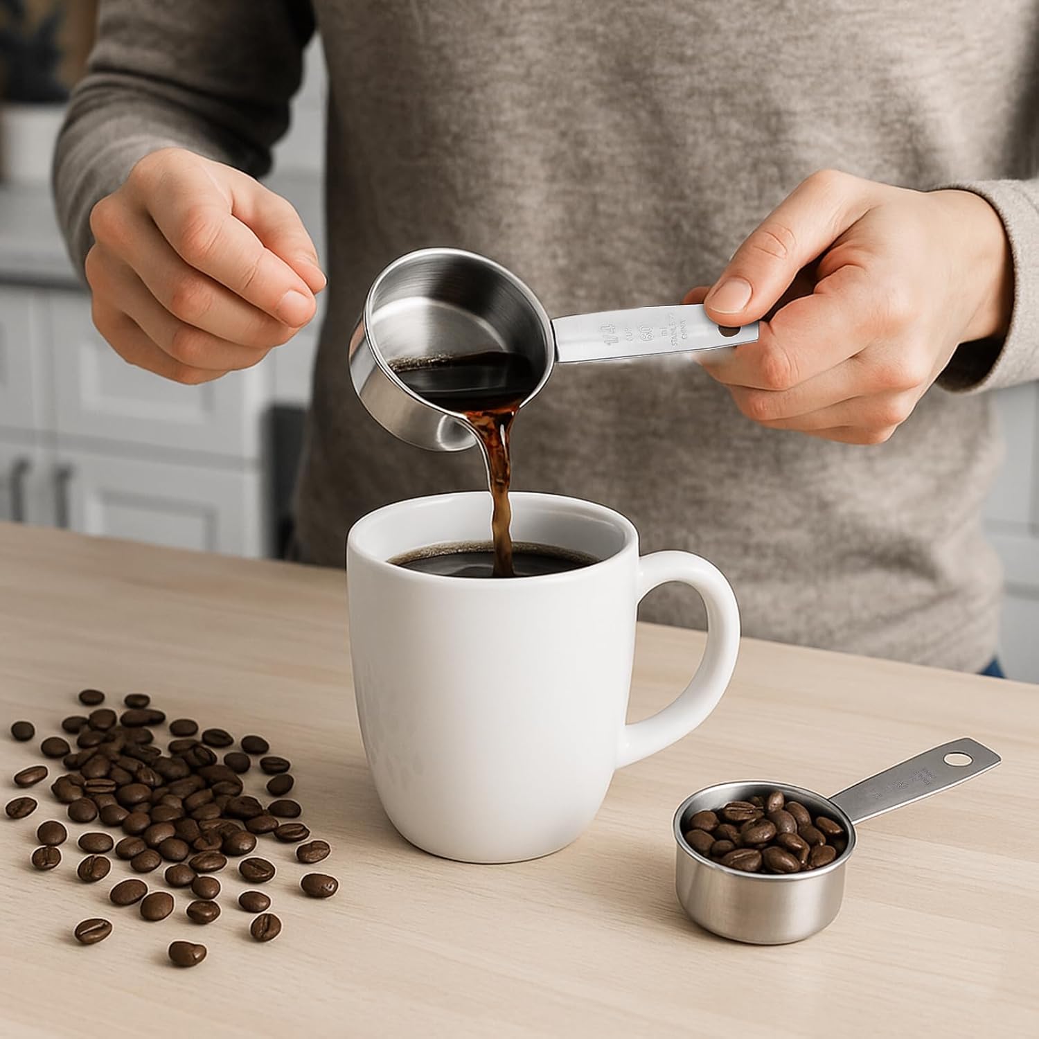 4 Pcs 1/4 Cup Measuring Cup, 60 ml Stainless Steel Measuring Cups Inner Scale Metal Liquid Measure Scoop 2 oz Cups for Coffee, Cooking, Baking, Kitchen Wet and Dry Ingredients, Dishwasher Safe - Image 4