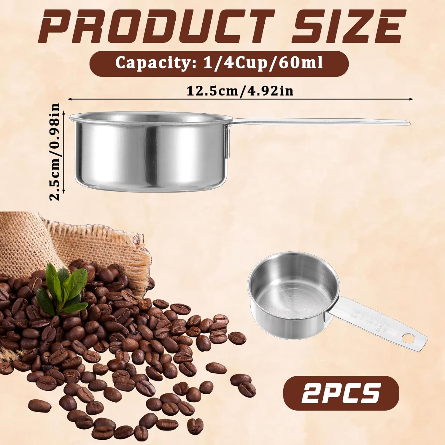 2 Pcs 1/4 Cup Stainless Steel Measuring Cup, 60 ml 2 oz Stainless Steel Measuring Cups Metal Coffee Scoop Cat Food Scoops for Wet and Dry Ingredients Cooking Baking Kitchen, Dishwasher Safe - Image 2
