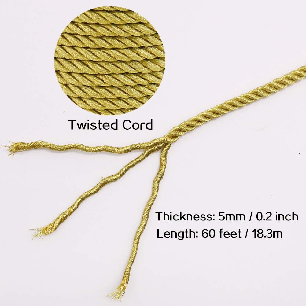 5mm Twisted Cord Trim, 59 Feet Gold Decorative Rope for Curtain Tieback, Upholstery, Honor Cord, Home Decor - Image 2
