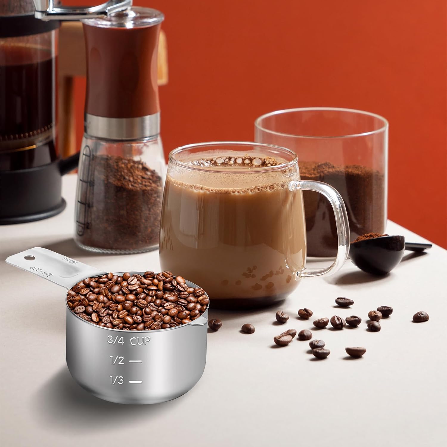 3/4 Cup (180ml, 6oz) Stainless Steel Measuring Cups Measure Scoop for Cooking Baking Coffee, Dishwasher Safe, Metric and US Measurement - Image 2