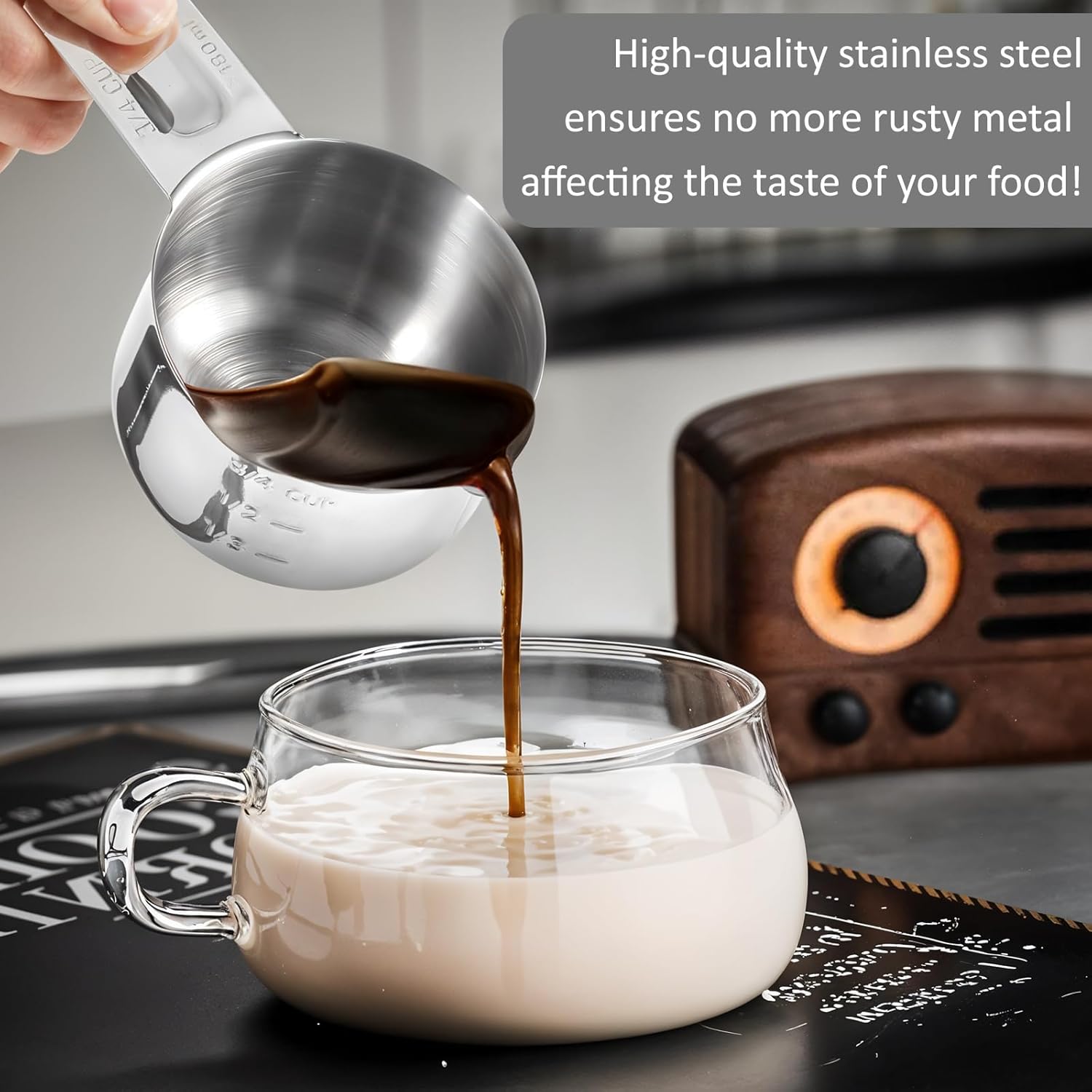 3/4 Cup (180ml, 6oz) Stainless Steel Measuring Cups Measure Scoop for Cooking Baking Coffee, Dishwasher Safe, Metric and US Measurement - Image 6