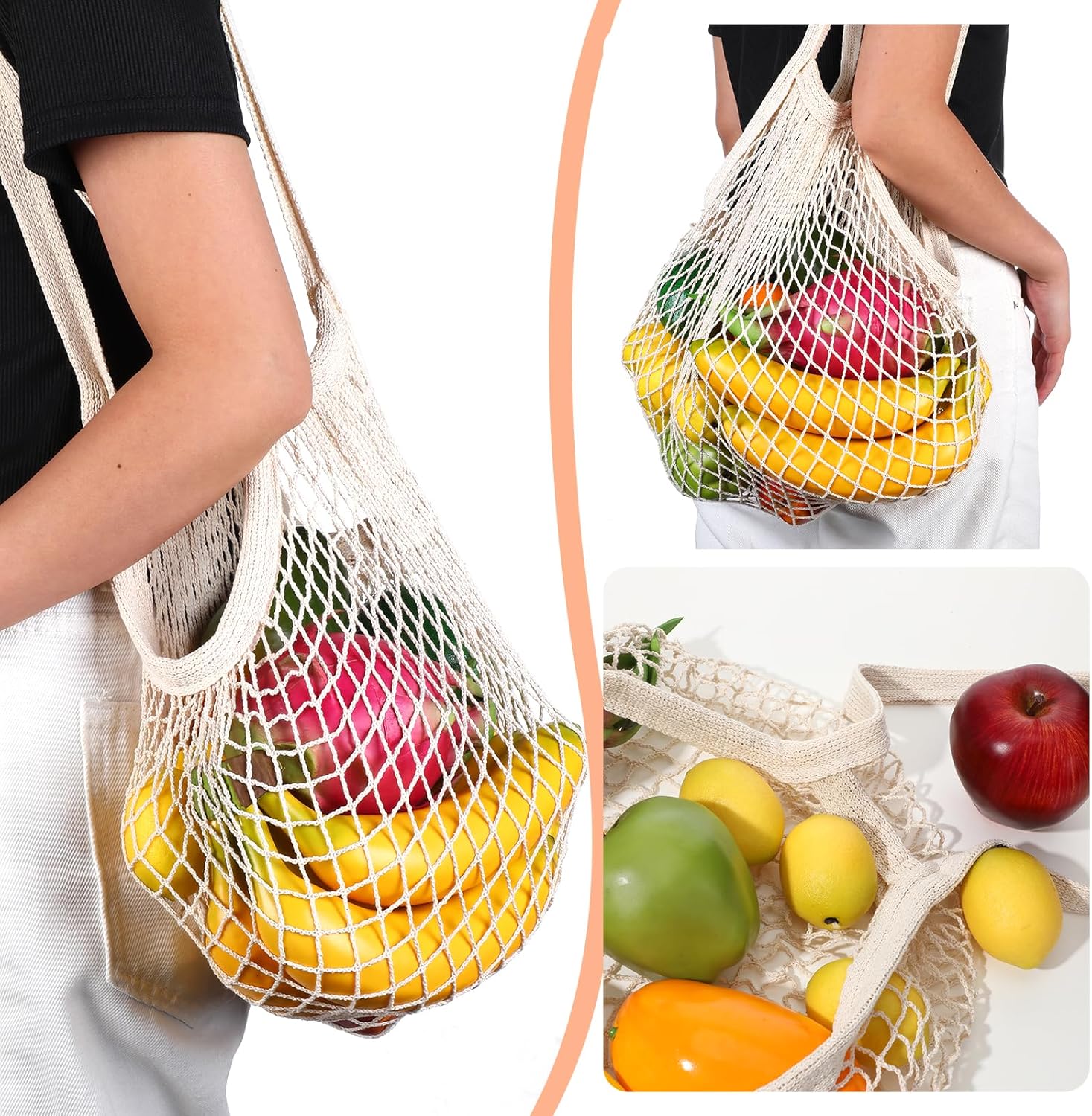 2 Pack Reusable Cotton Mesh Farmers Market Bag, Grocery Tote Net Shopping Bag, Washable Durable Portable Net String Produce Shopping Bags with Long Handle for Fruits, Vegetables, Shoppings (Beige) - Image 2