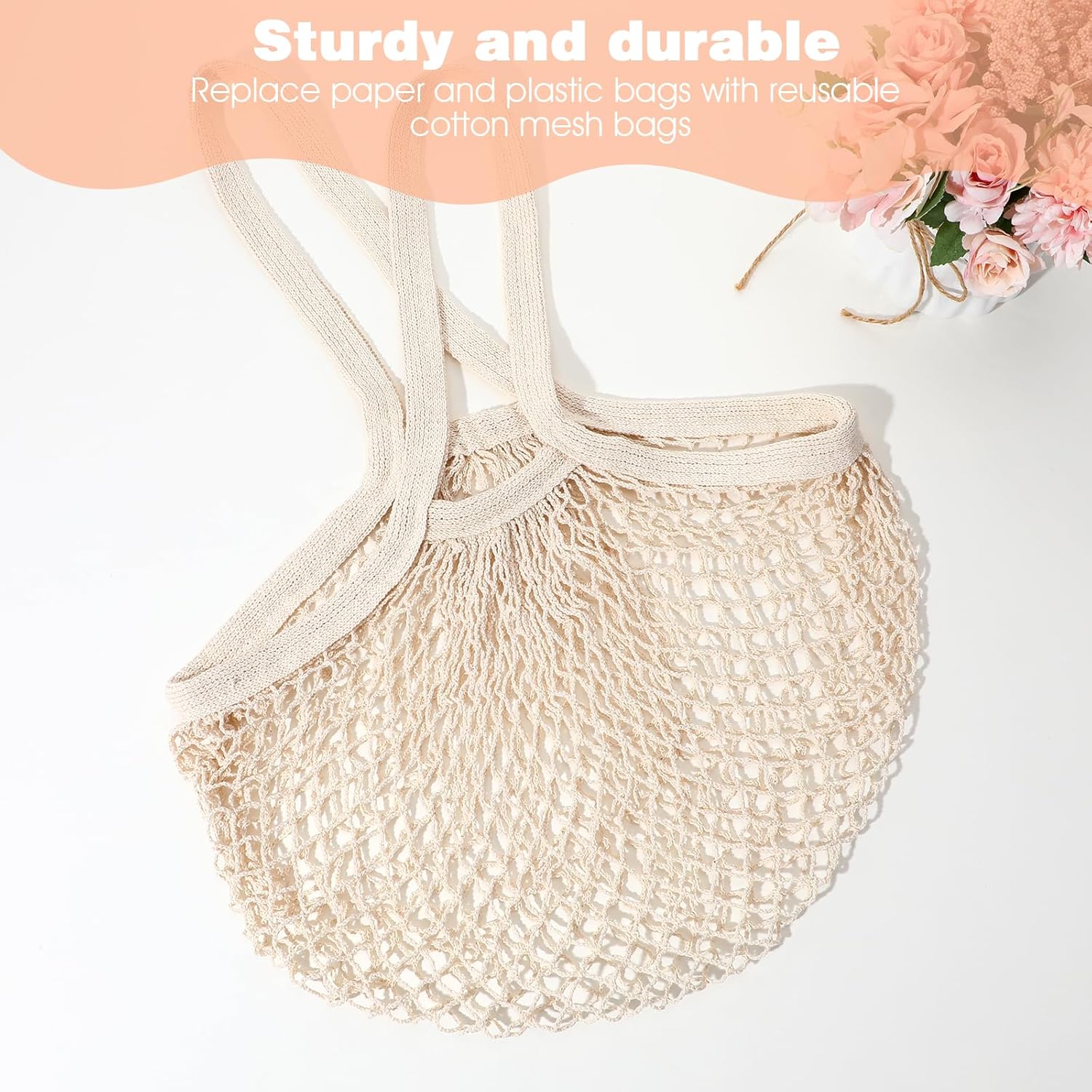 2 Pack Reusable Cotton Mesh Farmers Market Bag, Grocery Tote Net Shopping Bag, Washable Durable Portable Net String Produce Shopping Bags with Long Handle for Fruits, Vegetables, Shoppings (Beige) - Image 3
