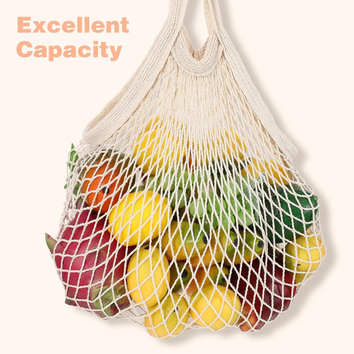 2 Pack Reusable Cotton Mesh Farmers Market Bag, Grocery Tote Net Shopping Bag, Washable Durable Portable Net String Produce Shopping Bags with Long Handle for Fruits, Vegetables, Shoppings (Beige) - Image 4