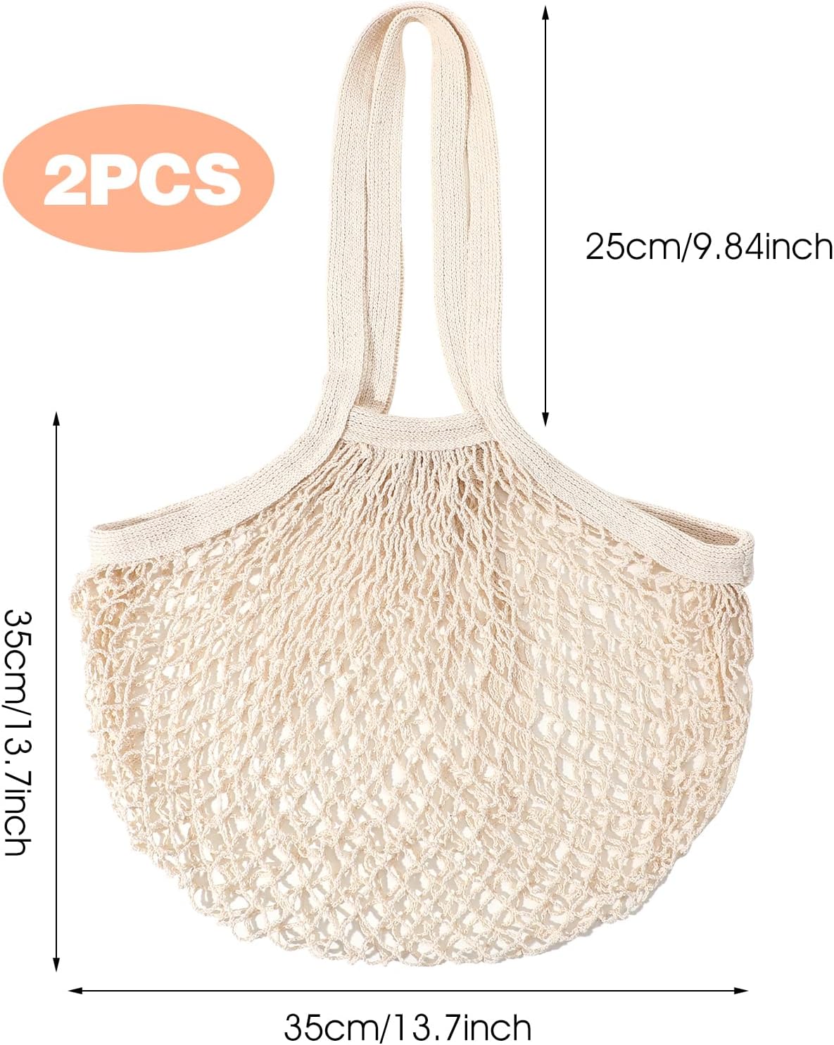 2 Pack Reusable Cotton Mesh Farmers Market Bag, Grocery Tote Net Shopping Bag, Washable Durable Portable Net String Produce Shopping Bags with Long Handle for Fruits, Vegetables, Shoppings (Beige) - Image 5