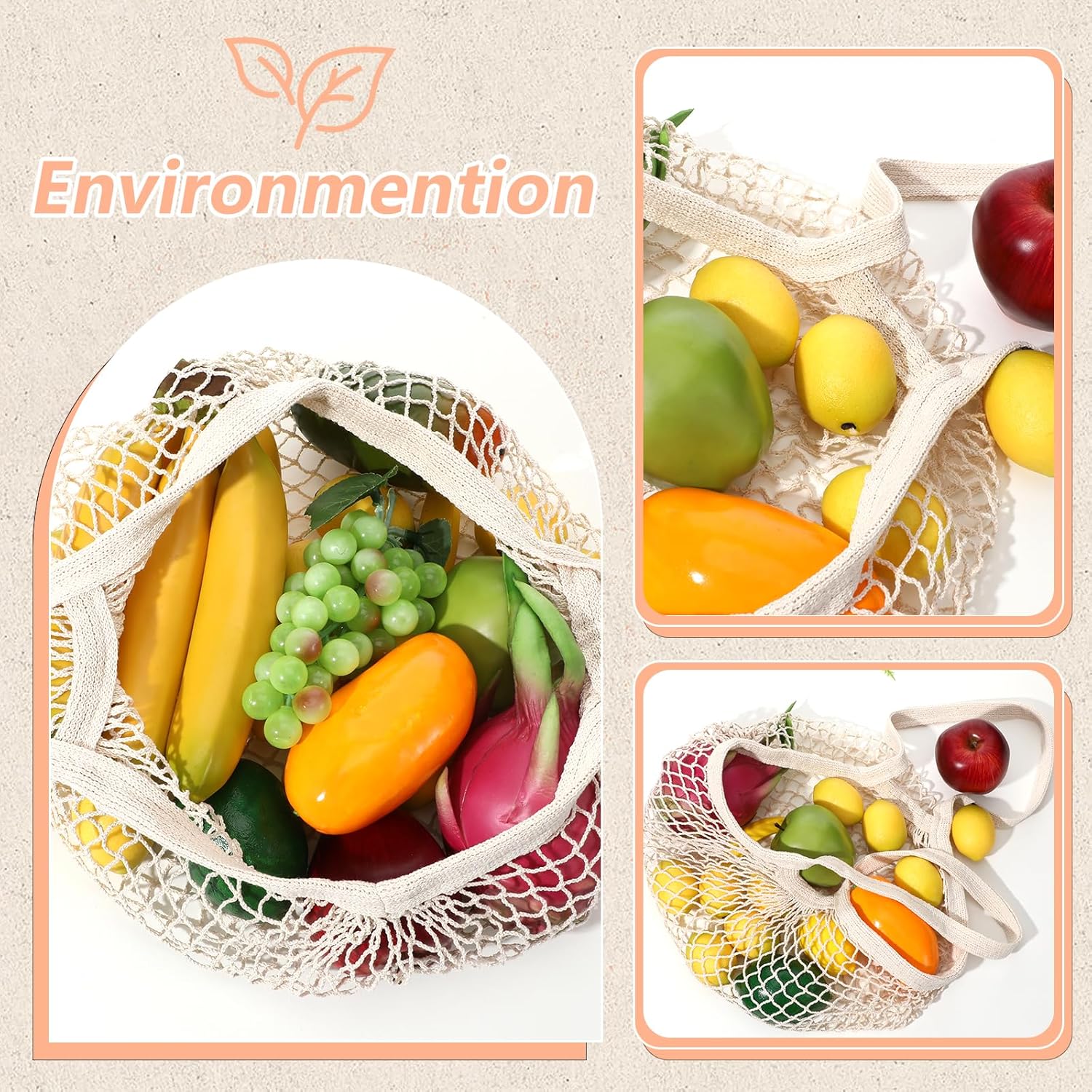 2 Pack Reusable Cotton Mesh Farmers Market Bag, Grocery Tote Net Shopping Bag, Washable Durable Portable Net String Produce Shopping Bags with Long Handle for Fruits, Vegetables, Shoppings (Beige) - Image 7