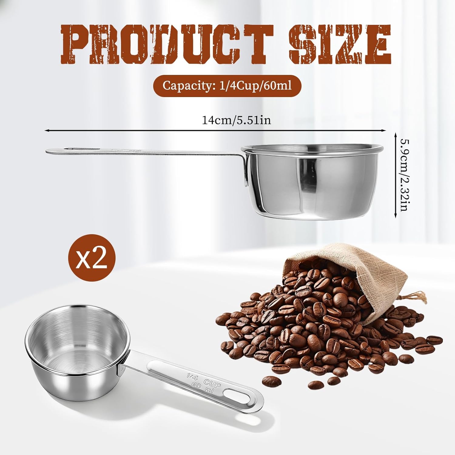 2 Pcs 1/4 Cup Stainless Steel Measuring Cup, 60ml, 2oz Metal Measuring Cups Coffee Measuring Cups Measure Scoop or Cooking, Baking, Kitchen Wet and Dry Ingredients, Dishwasher Safe - Image 2