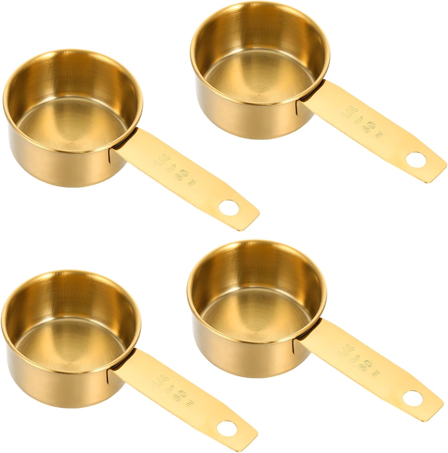 1/4 Cup Measuring Cups, 4 Pcs Golden Stainless Steel Measuring Scoop Gold Kitchen Accessories Metal 2 oz Cups for Baking Cooking Dry and Liquid Ingredient, Dishwasher Safe - Image 1