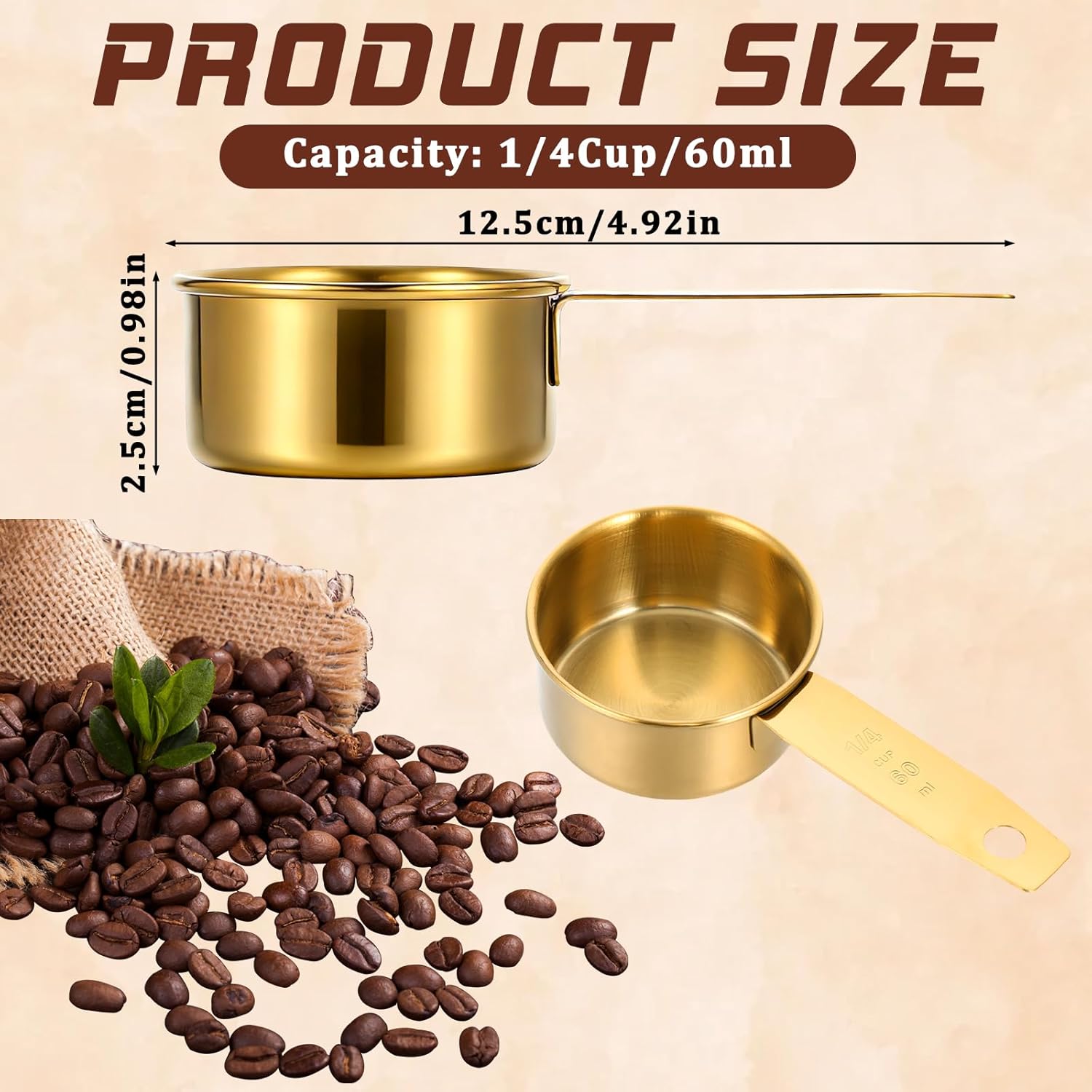 1/4 Cup Measuring Cups, 4 Pcs Golden Stainless Steel Measuring Scoop Gold Kitchen Accessories Metal 2 oz Cups for Baking Cooking Dry and Liquid Ingredient, Dishwasher Safe - Image 2