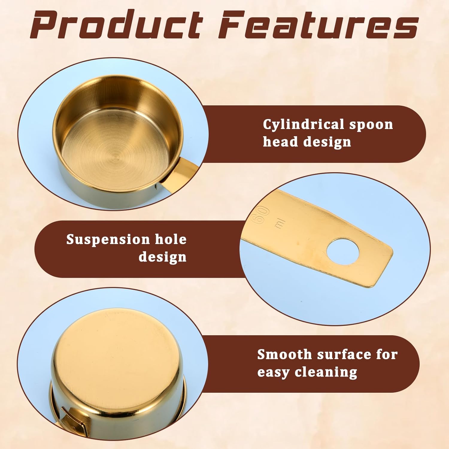 1/4 Cup Measuring Cups, 4 Pcs Golden Stainless Steel Measuring Scoop Gold Kitchen Accessories Metal 2 oz Cups for Baking Cooking Dry and Liquid Ingredient, Dishwasher Safe - Image 3