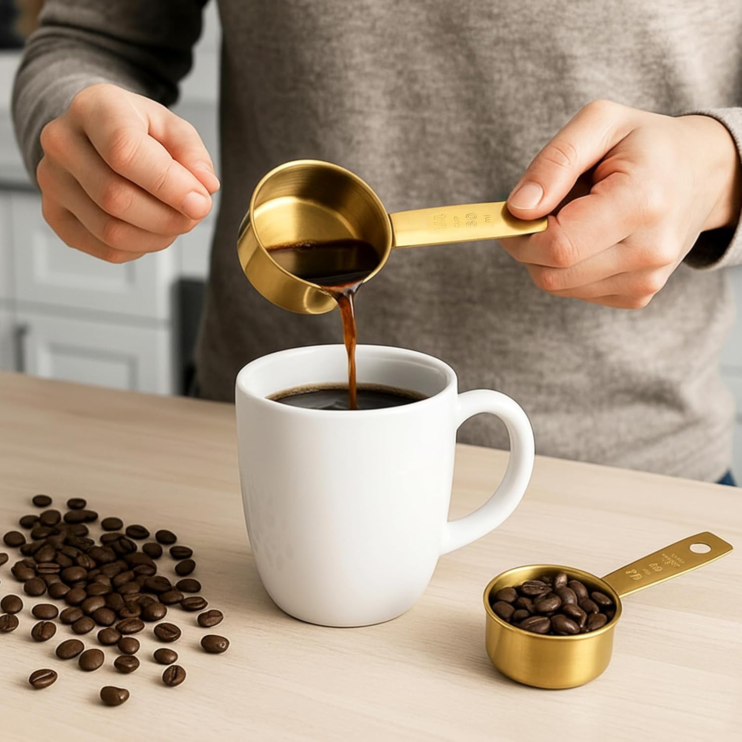 1/4 Cup Measuring Cups, 4 Pcs Golden Stainless Steel Measuring Scoop Gold Kitchen Accessories Metal 2 oz Cups for Baking Cooking Dry and Liquid Ingredient, Dishwasher Safe - Image 4