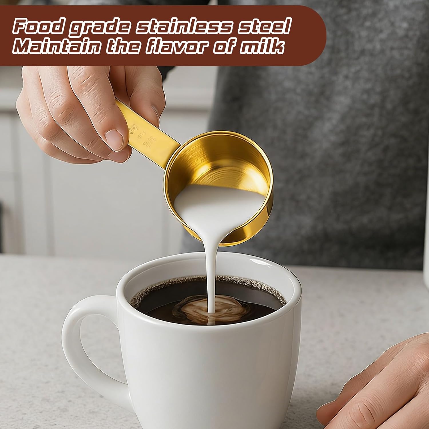 1/4 Cup Measuring Cups, 4 Pcs Golden Stainless Steel Measuring Scoop Gold Kitchen Accessories Metal 2 oz Cups for Baking Cooking Dry and Liquid Ingredient, Dishwasher Safe - Image 5