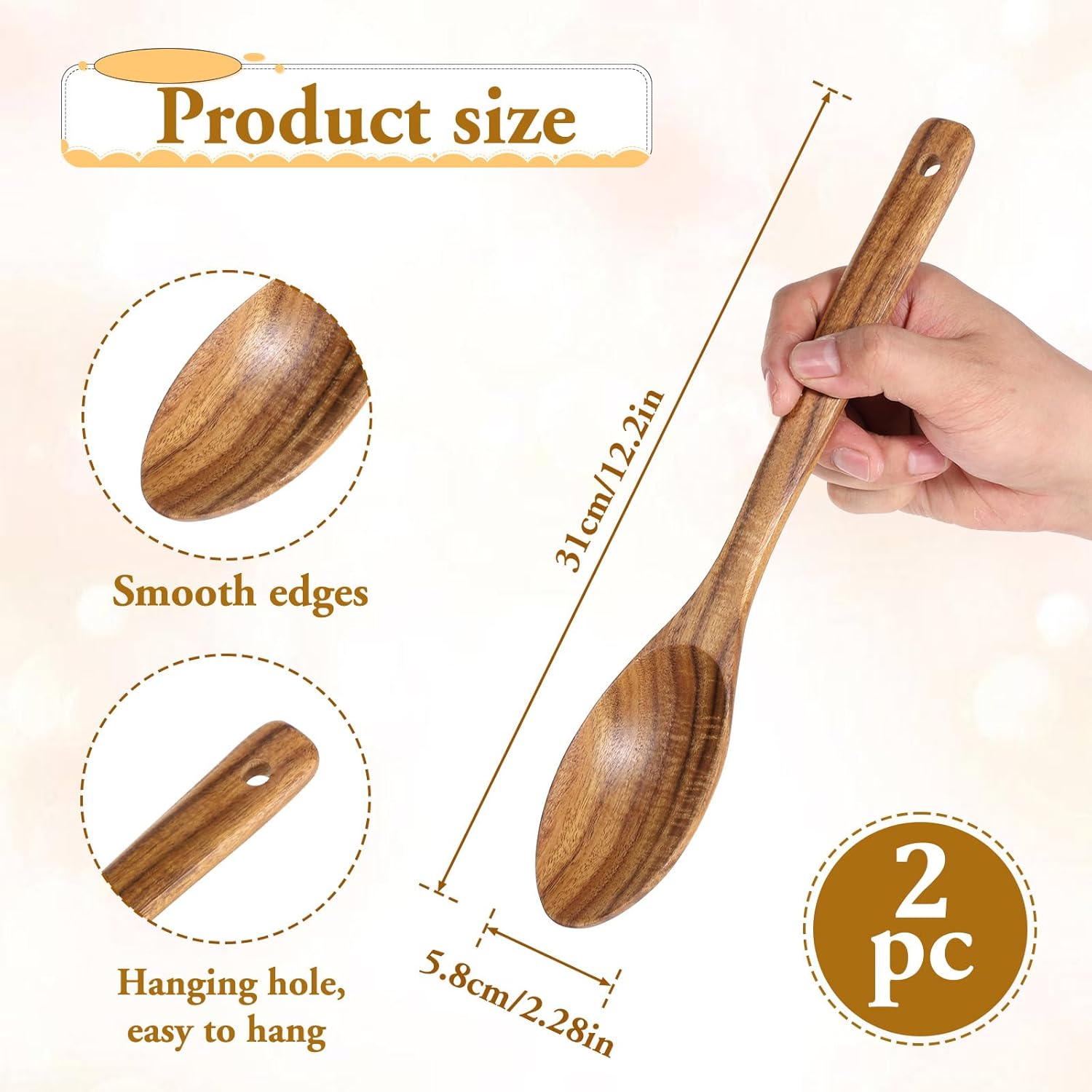 Wooden Cooking Spoons, 2 Pcs Natural Acacia Wood Serving Spoons, 12 Inch Large Mixing Spoon Wood Kitchen Utensil for Mixing, Baking, Serving and Stirring, Comfort Grip, Non-Stick Cookware Safe - Image 2