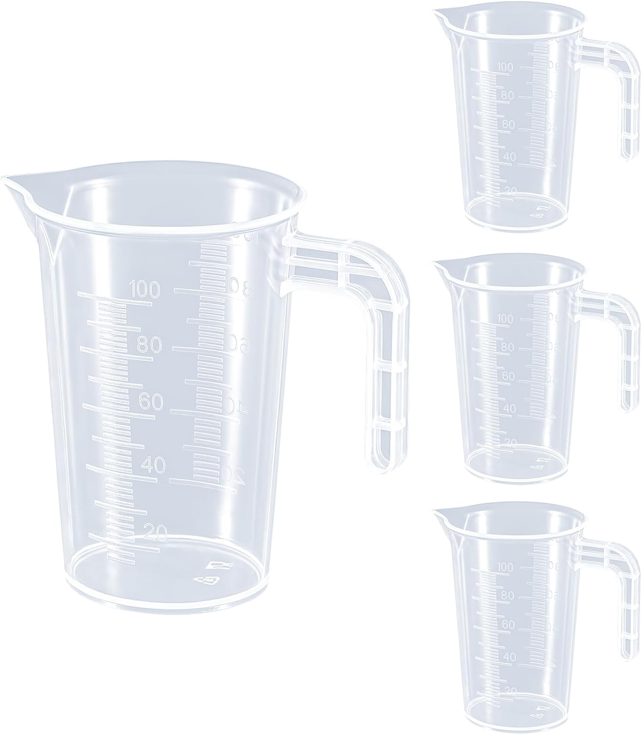 Plastic Measuring Beaker, 4 Pcs Liquid Measuring Cups, 100 ml Unbreakable Graduated Beakers with Handle and Spout, Transparent Clear Precise Markings for Kitchen Baking Lab Restaurant Use - Image 1