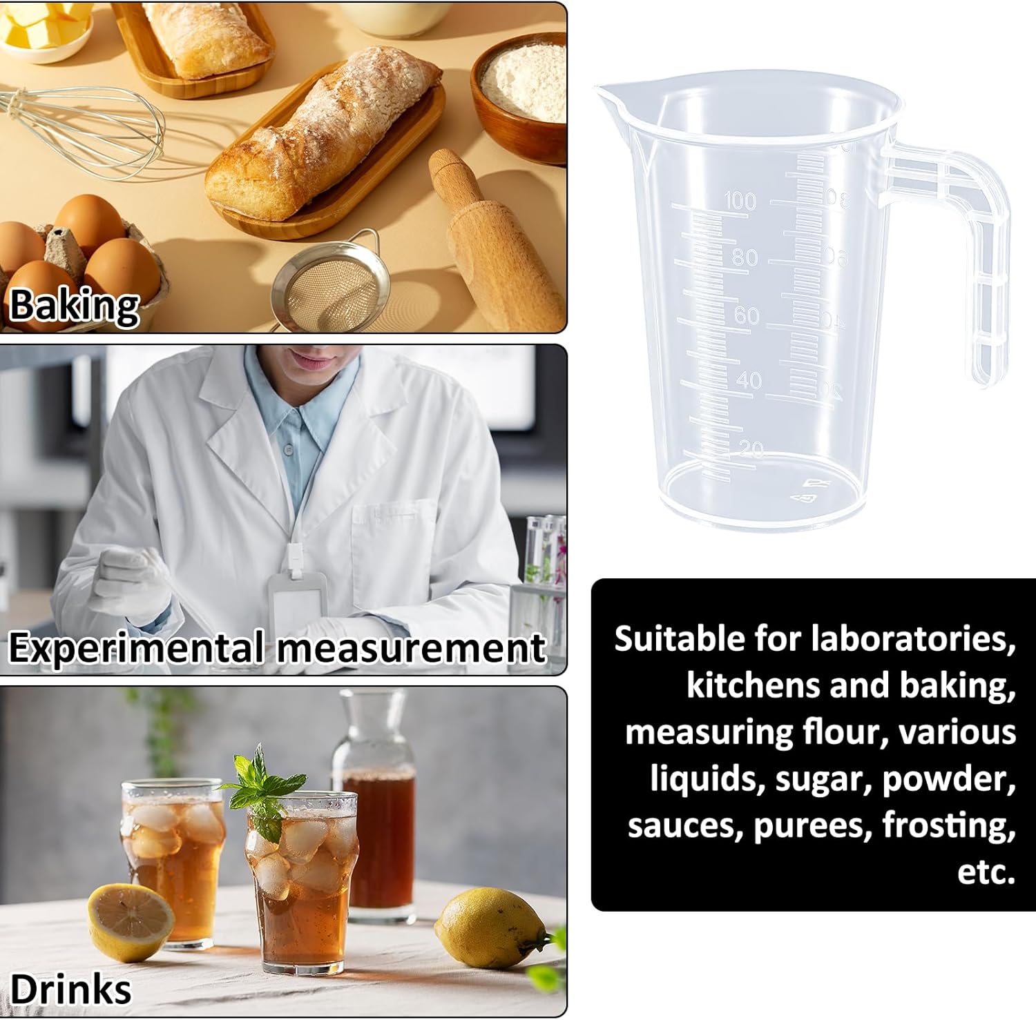 Plastic Measuring Beaker, 4 Pcs Liquid Measuring Cups, 100 ml Unbreakable Graduated Beakers with Handle and Spout, Transparent Clear Precise Markings for Kitchen Baking Lab Restaurant Use - Image 2