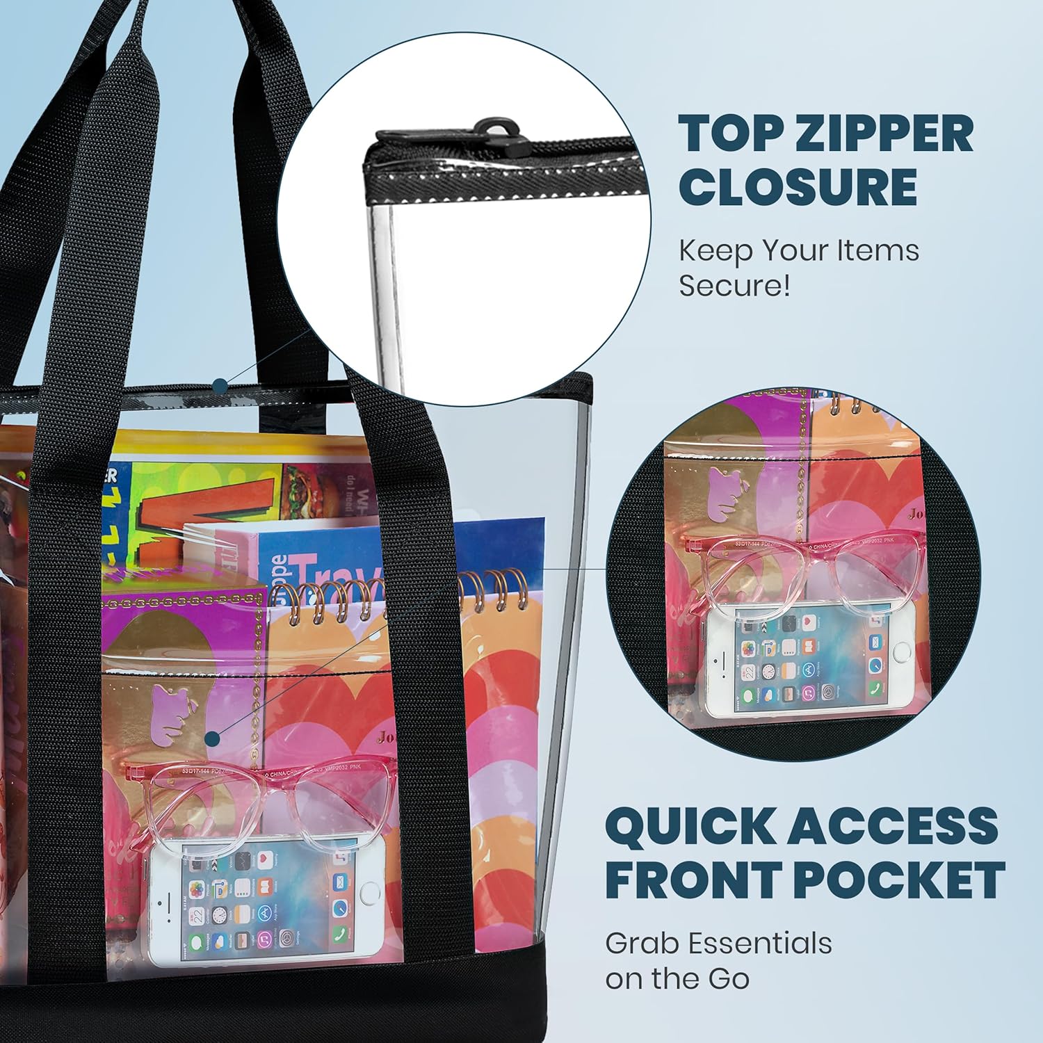 Clear Tote Bag - Zipper Closure, Long Shoulder Strap, Fabric Trimming. | Zipper Closure, Long Shoulder Strap, Fabric Trimming - Image 4