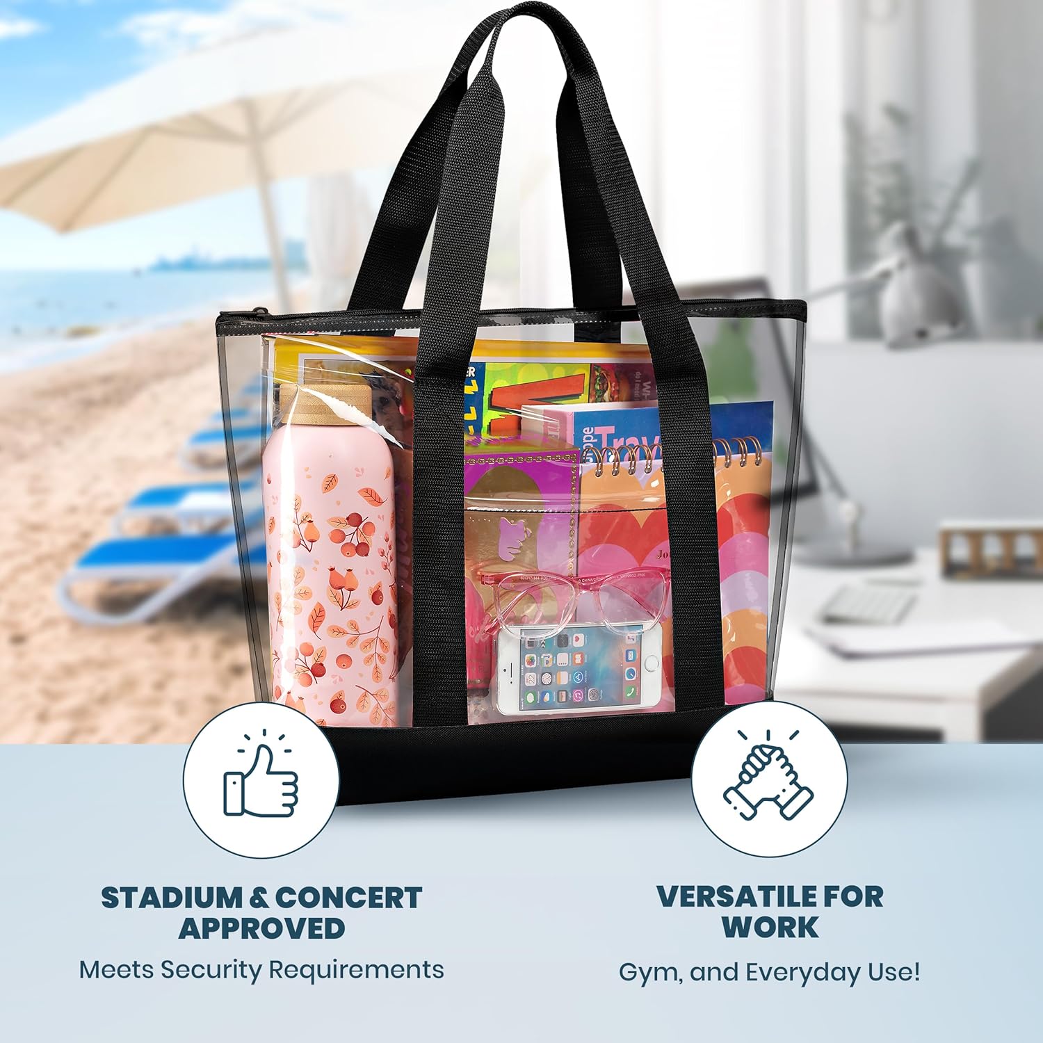 Clear Tote Bag - Zipper Closure, Long Shoulder Strap, Fabric Trimming. | Zipper Closure, Long Shoulder Strap, Fabric Trimming - Image 5