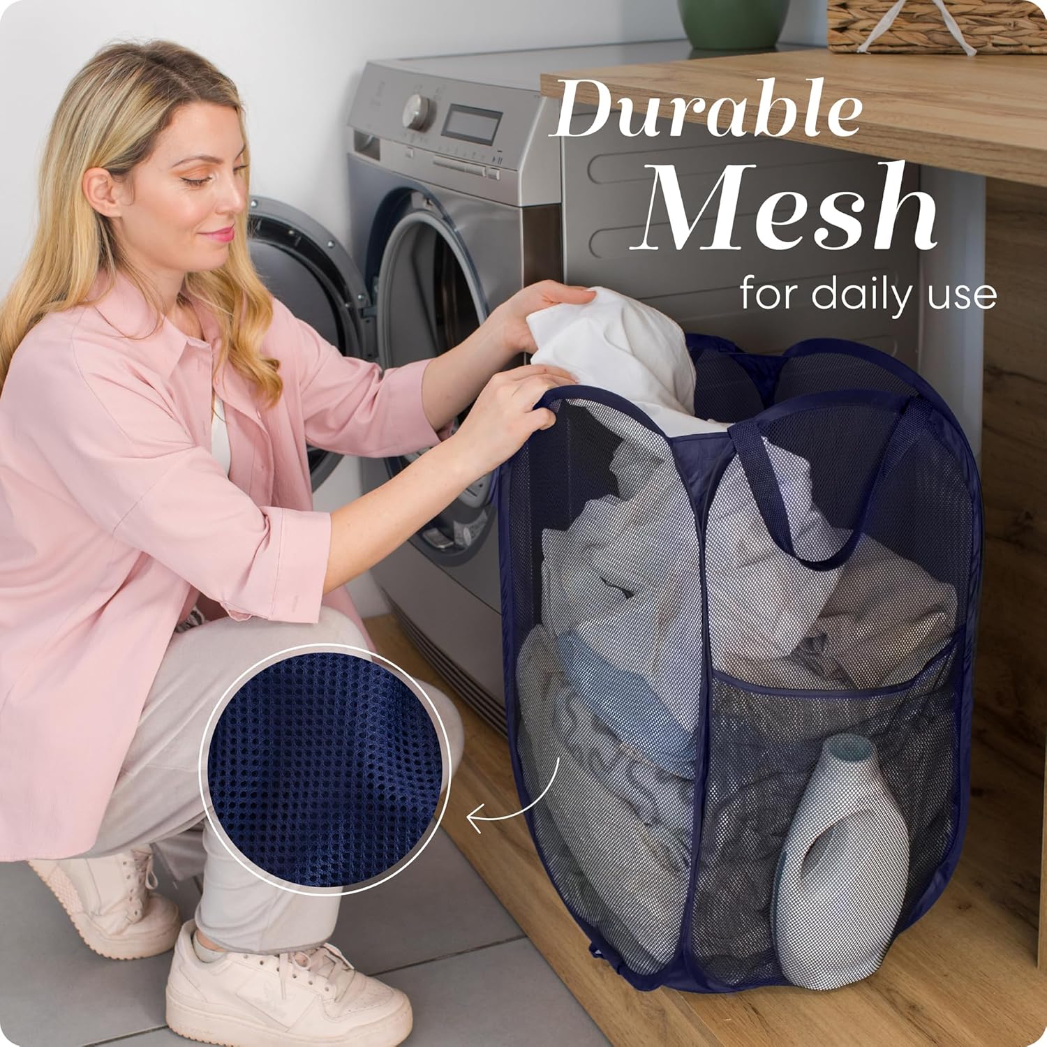 Collapsible Mesh Pop Up Laundry Hamper 2-Pack – Large Foldable Laundry Basket with Side Pocket, Breathable & Durable, Space-Saving for Clothes, Toys, Travel, Dorm, Bedroom, Blue - Image 5