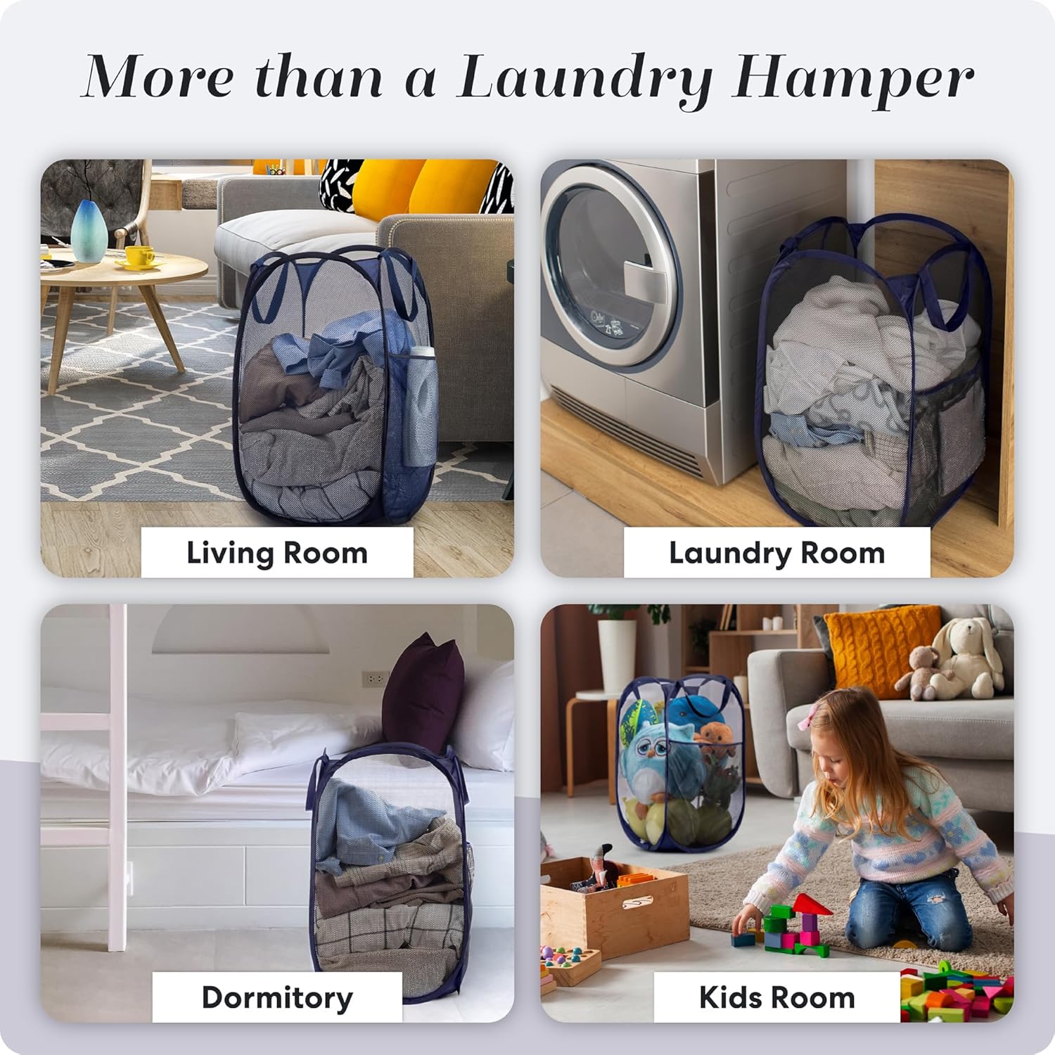 Collapsible Mesh Pop Up Laundry Hamper 2-Pack – Large Foldable Laundry Basket with Side Pocket, Breathable & Durable, Space-Saving for Clothes, Toys, Travel, Dorm, Bedroom, Blue - Image 8