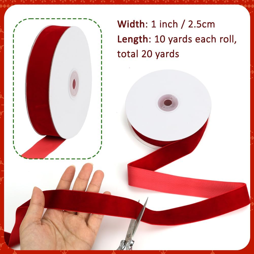 Red Velvet Ribbon, 1 Inch x 20 Yards Single Faced Red Ribbon for Gift Wrapping, Bow Making, Christmas Tree Decorations, Wreath Making and DIY Crafts (10 Yards Each Roll) - Image 3