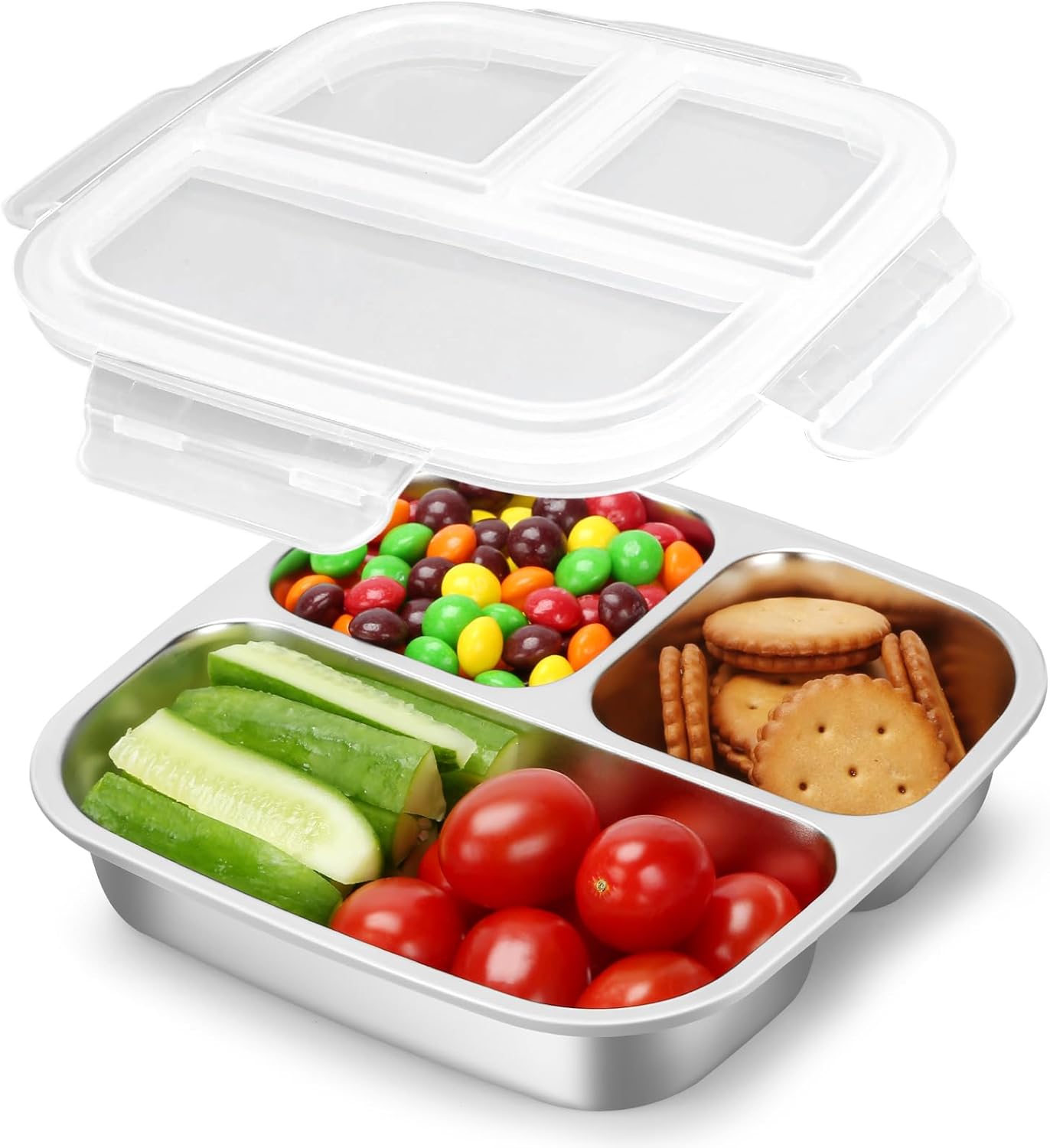 Stainless Steel Snack Containers With Lids, 3 Compartment Leak-proof Bento Box, 20 oz Reusable Grab and Go Food Storage Containers for School, Home, Office, and Camping, Dishwasher-Safe - Image 1