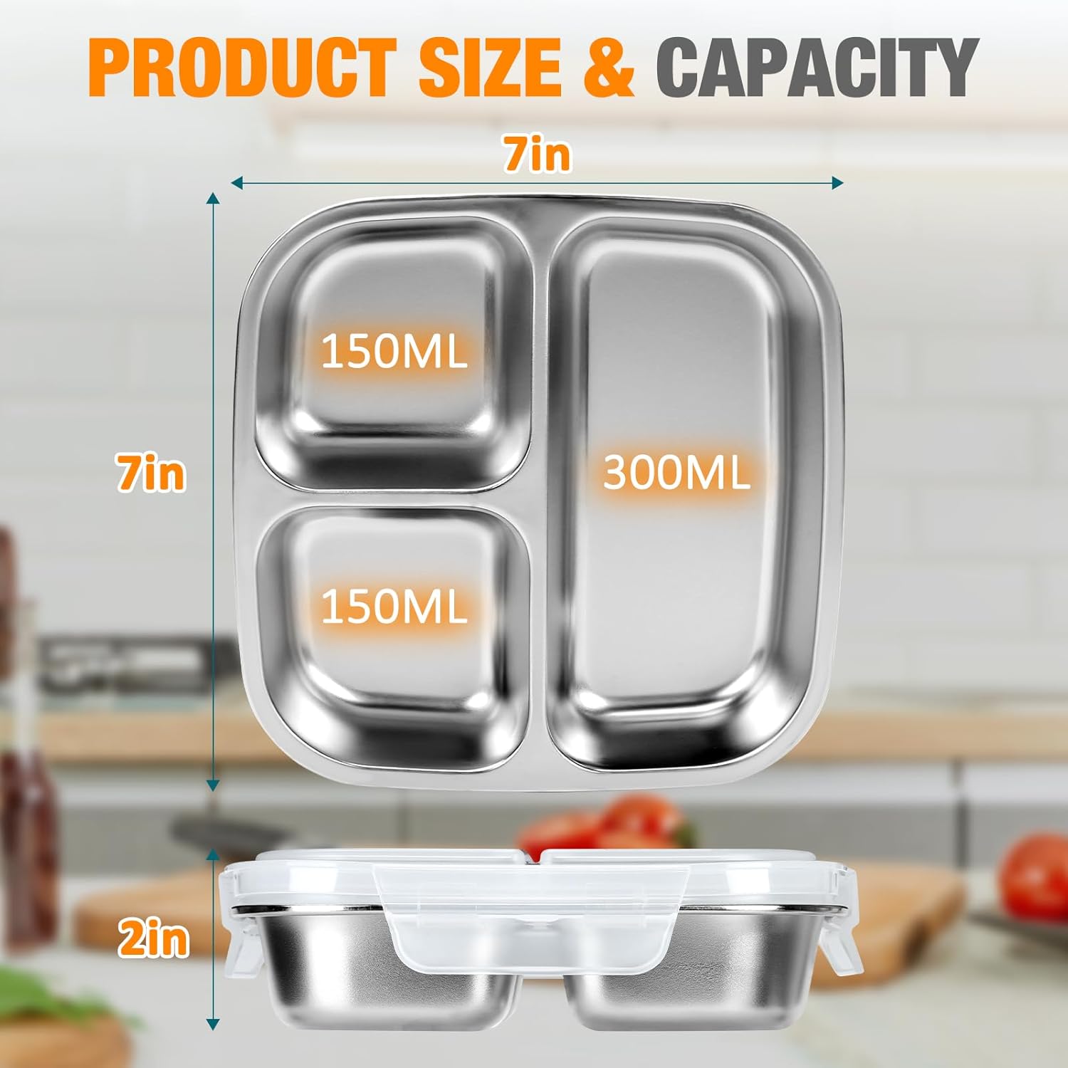 Stainless Steel Snack Containers With Lids, 3 Compartment Leak-proof Bento Box, 20 oz Reusable Grab and Go Food Storage Containers for School, Home, Office, and Camping, Dishwasher-Safe - Image 2