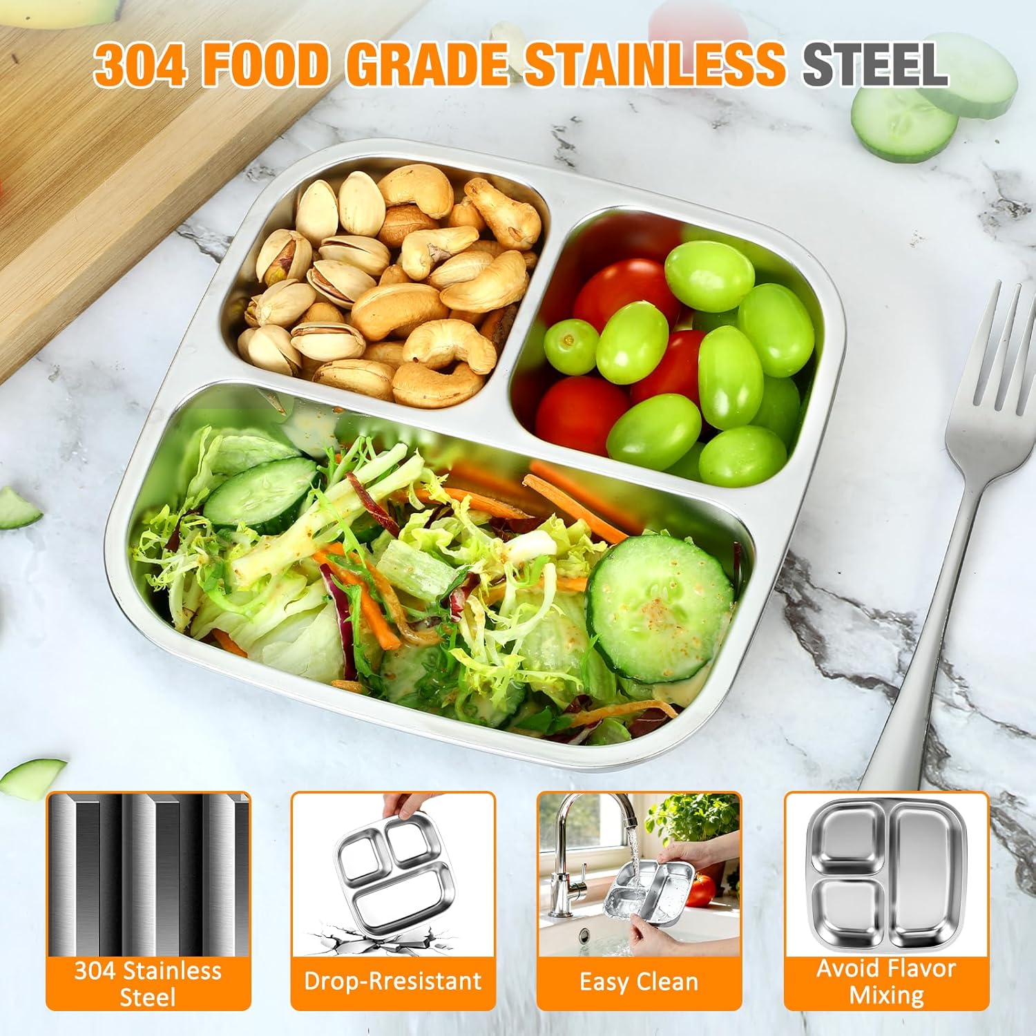 Stainless Steel Snack Containers With Lids, 3 Compartment Leak-proof Bento Box, 20 oz Reusable Grab and Go Food Storage Containers for School, Home, Office, and Camping, Dishwasher-Safe - Image 3