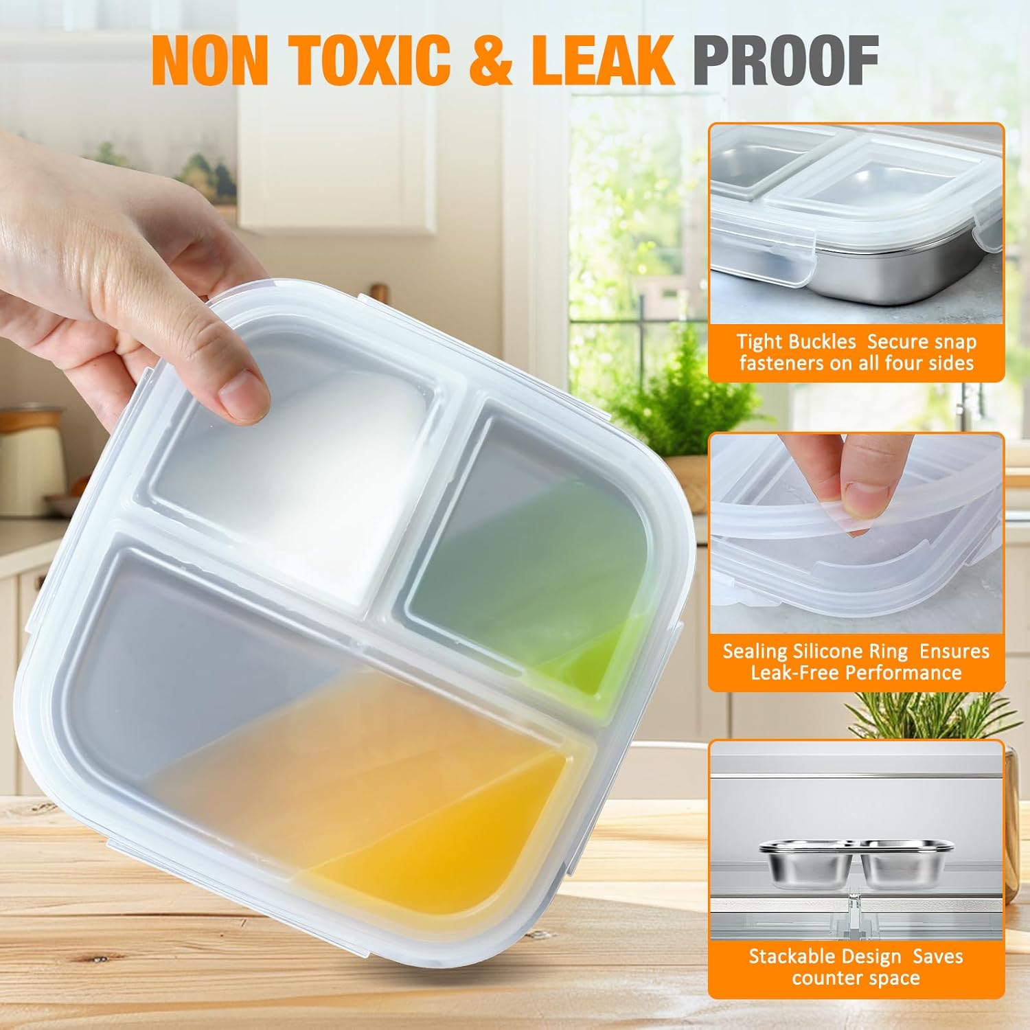 Stainless Steel Snack Containers With Lids, 3 Compartment Leak-proof Bento Box, 20 oz Reusable Grab and Go Food Storage Containers for School, Home, Office, and Camping, Dishwasher-Safe - Image 4