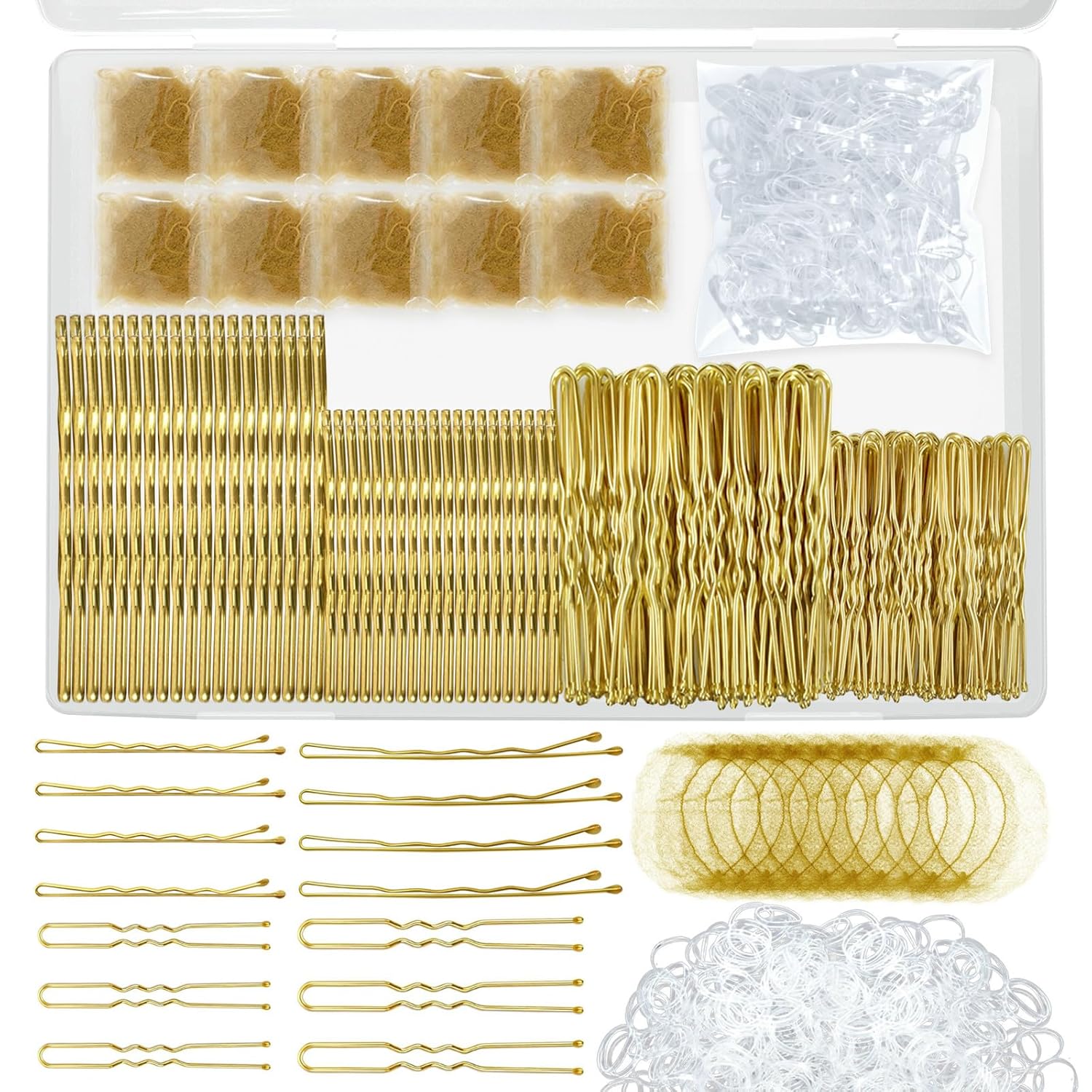 510PCS Blonde Bobby Pins Hair Pins Kit with Hair Net,  Includes 100 Bobby Pins for Women, 100 U Shaped Buns Hair Clips, 300 Hair Bands and 10 Blonde Hair Nets, Dance competition must haves - Image 1