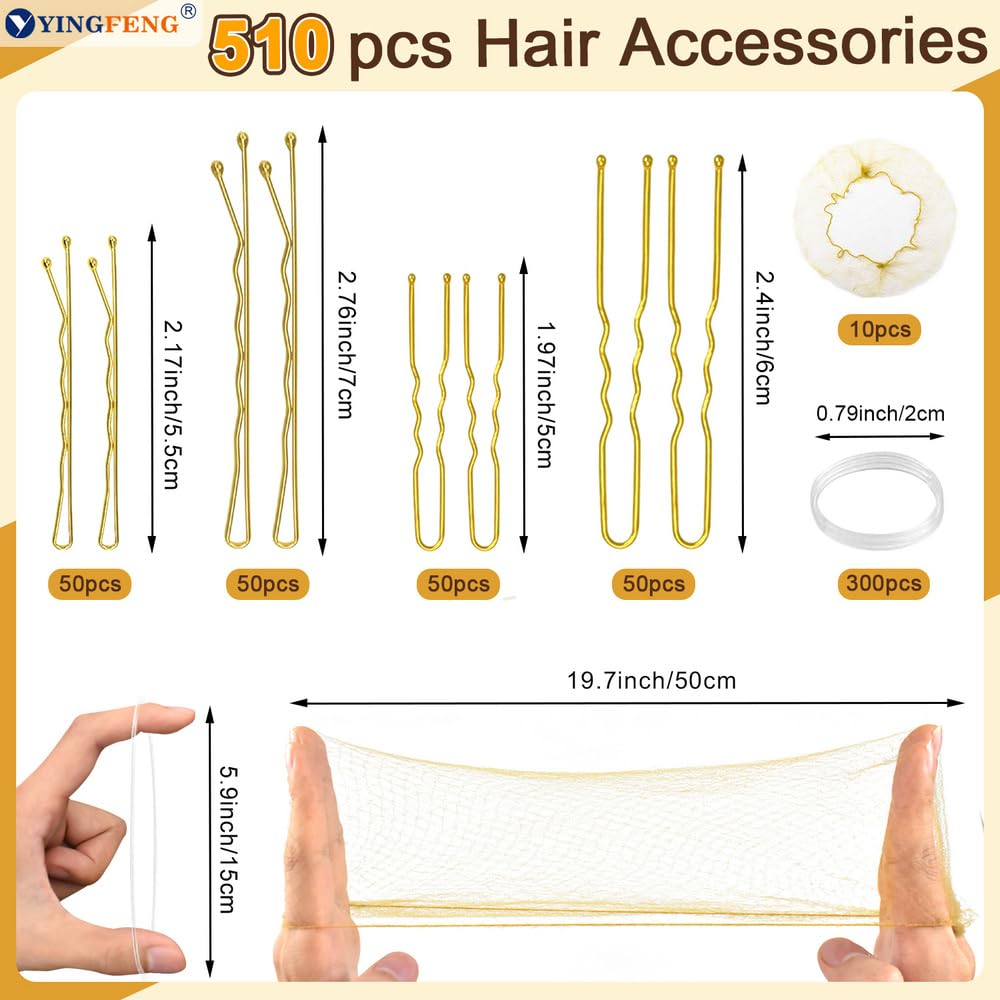 510PCS Blonde Bobby Pins Hair Pins Kit with Hair Net,  Includes 100 Bobby Pins for Women, 100 U Shaped Buns Hair Clips, 300 Hair Bands and 10 Blonde Hair Nets, Dance competition must haves - Image 3
