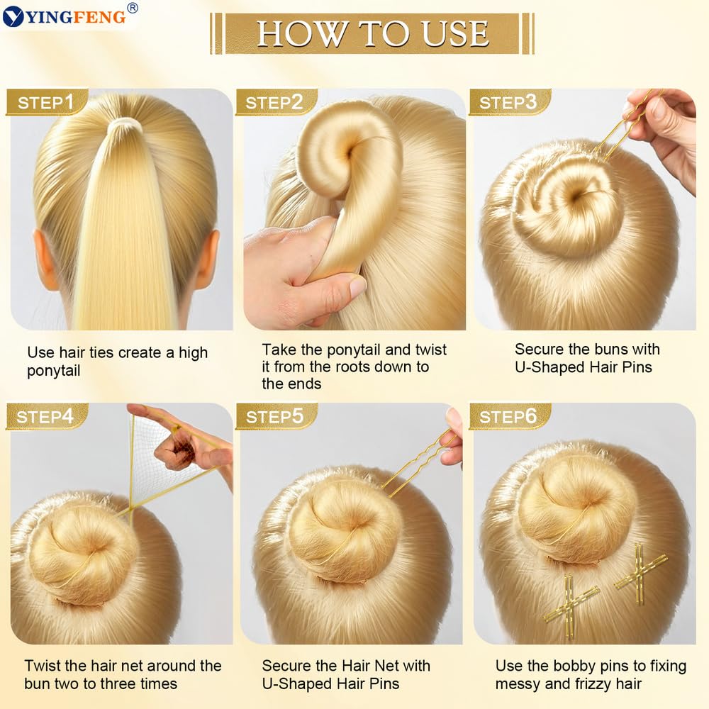 510PCS Blonde Bobby Pins Hair Pins Kit with Hair Net,  Includes 100 Bobby Pins for Women, 100 U Shaped Buns Hair Clips, 300 Hair Bands and 10 Blonde Hair Nets, Dance competition must haves - Image 5