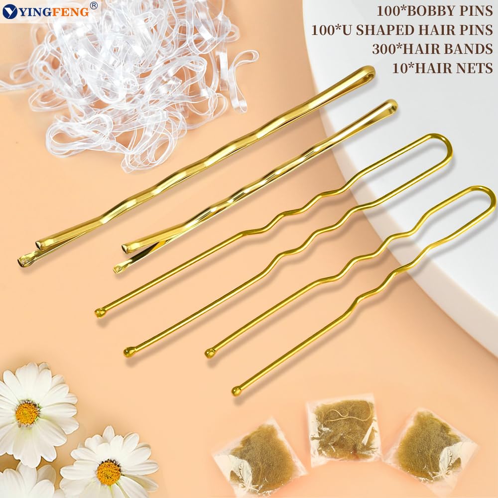 510PCS Blonde Bobby Pins Hair Pins Kit with Hair Net,  Includes 100 Bobby Pins for Women, 100 U Shaped Buns Hair Clips, 300 Hair Bands and 10 Blonde Hair Nets, Dance competition must haves - Image 8