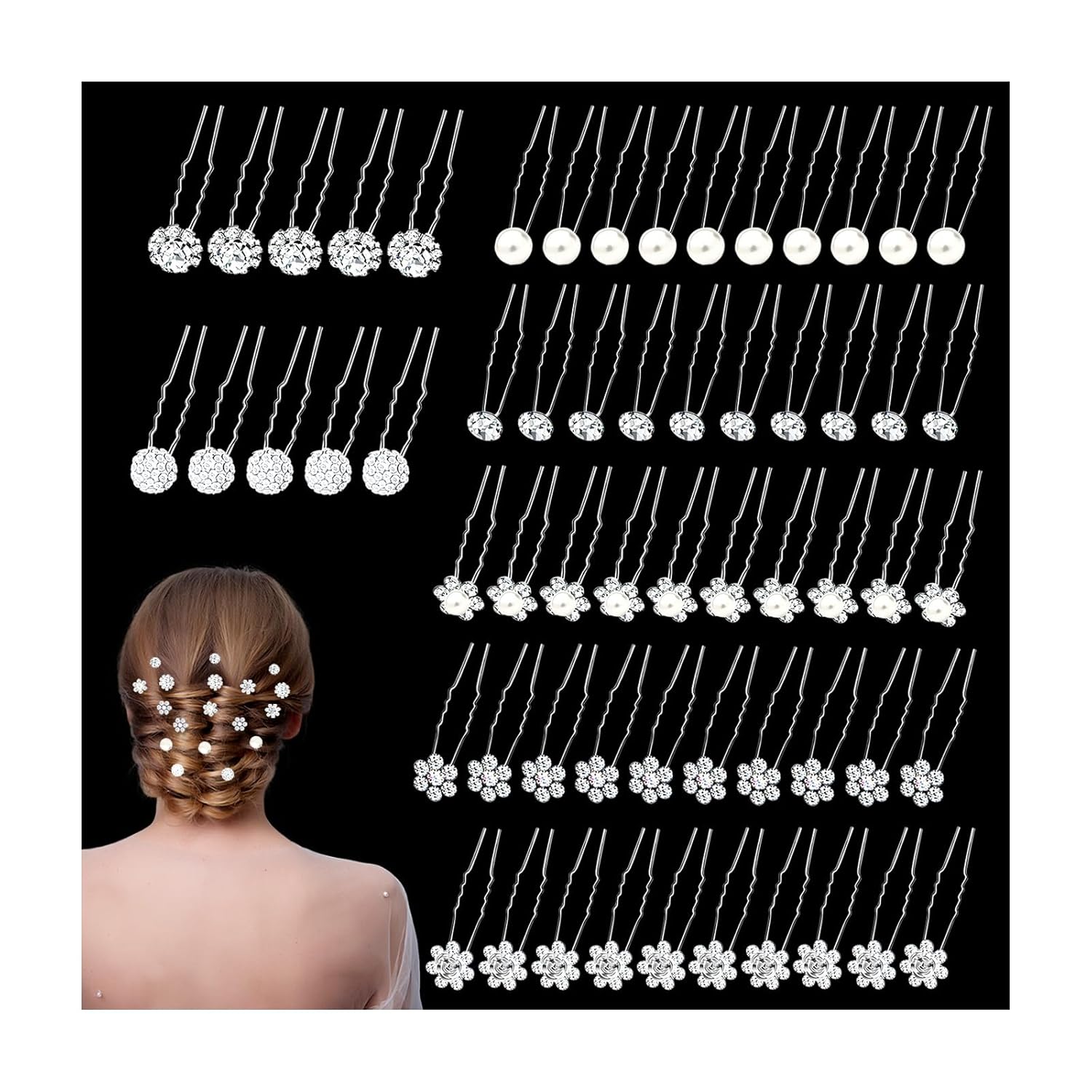 60 Pcs 7 Styles Silver Bridal Wedding Hair Pins,  Flower Hair Clips for Women, U Shaped Crystal Pearl Hair Clips, Suitable for Brides, Bridesmaids, Women's Wedding Hair Accessories - Image 1