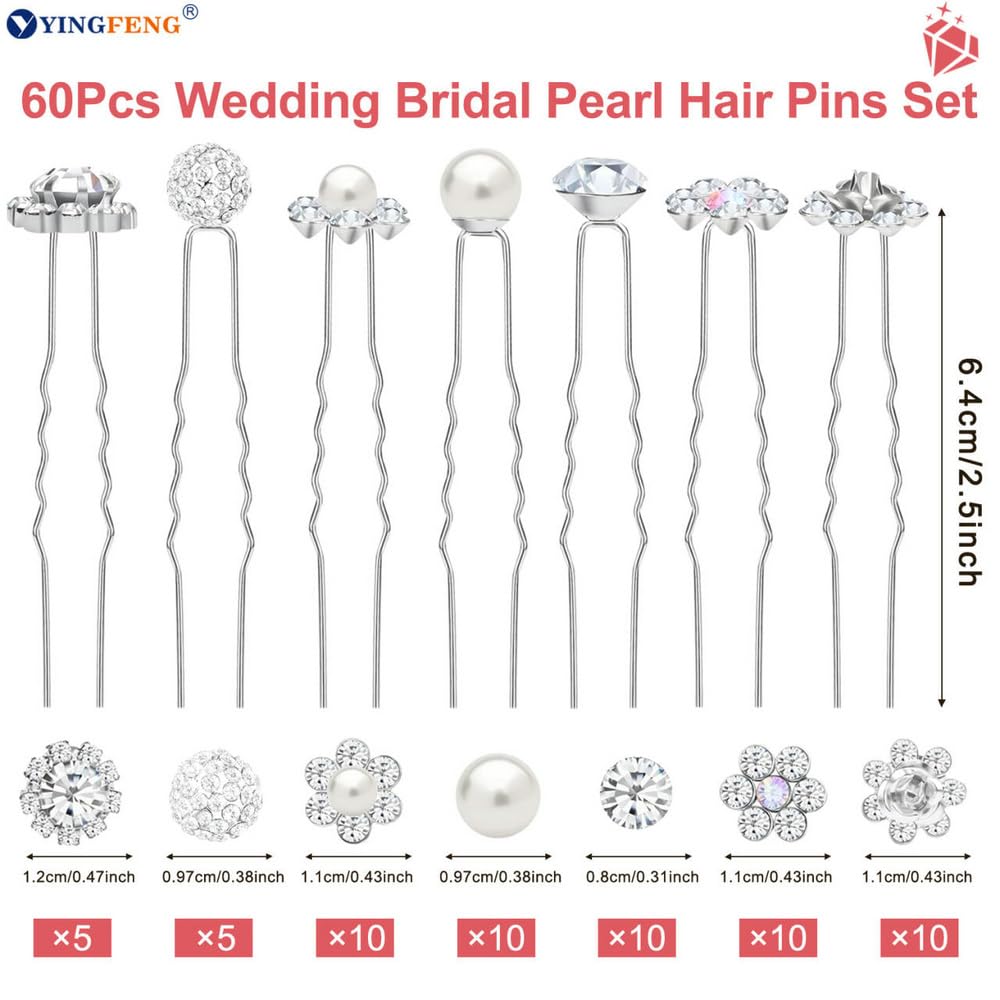 60 Pcs 7 Styles Silver Bridal Wedding Hair Pins,  Flower Hair Clips for Women, U Shaped Crystal Pearl Hair Clips, Suitable for Brides, Bridesmaids, Women's Wedding Hair Accessories - Image 3