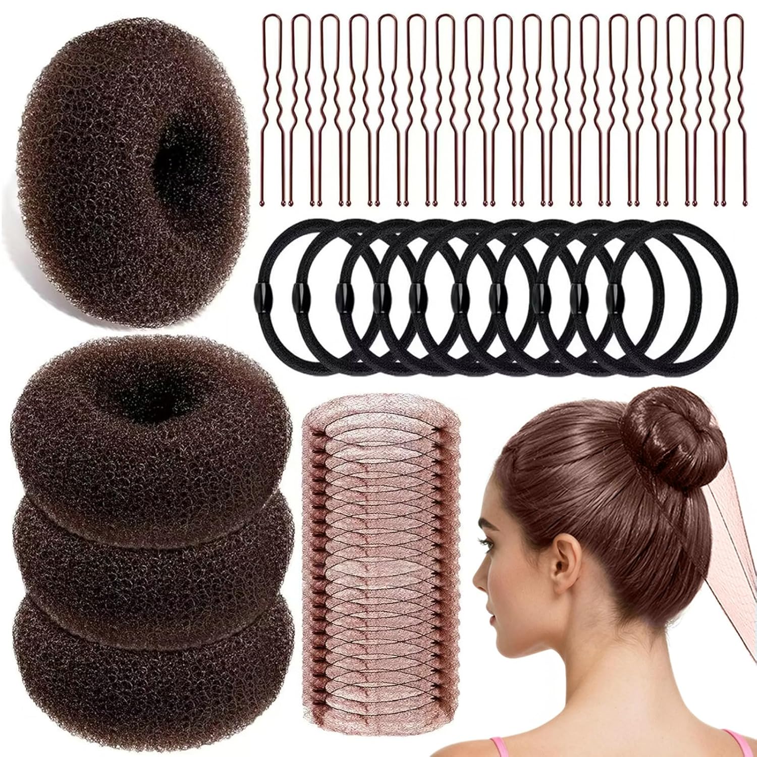 134 Pcs Brown Hair Bun Maker Kit Medium - 4 Bun Hair Pieces for Women, 20 Hair Net for Buns, 100 Bobby Pins for Women, 10 Hair Bands, for Ballet Styling, Hair Accessories for Girls - Image 1