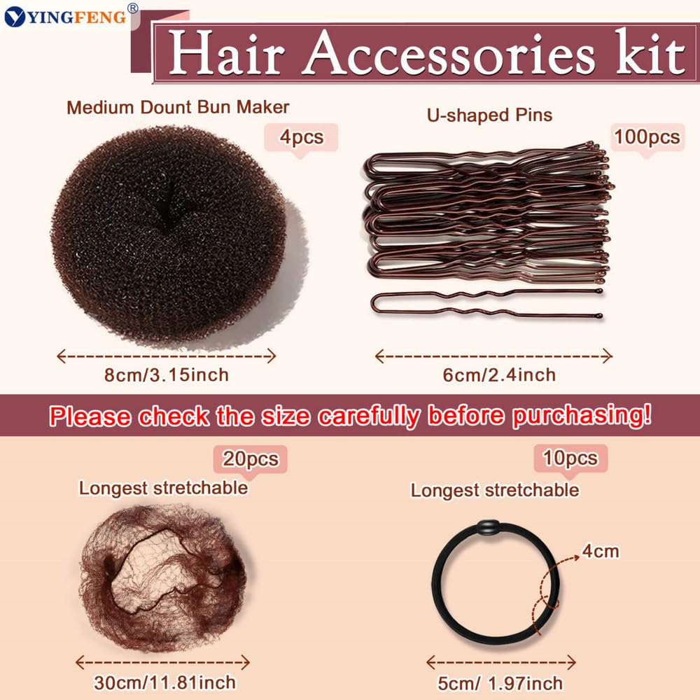 134 Pcs Brown Hair Bun Maker Kit Medium - 4 Bun Hair Pieces for Women, 20 Hair Net for Buns, 100 Bobby Pins for Women, 10 Hair Bands, for Ballet Styling, Hair Accessories for Girls - Image 3