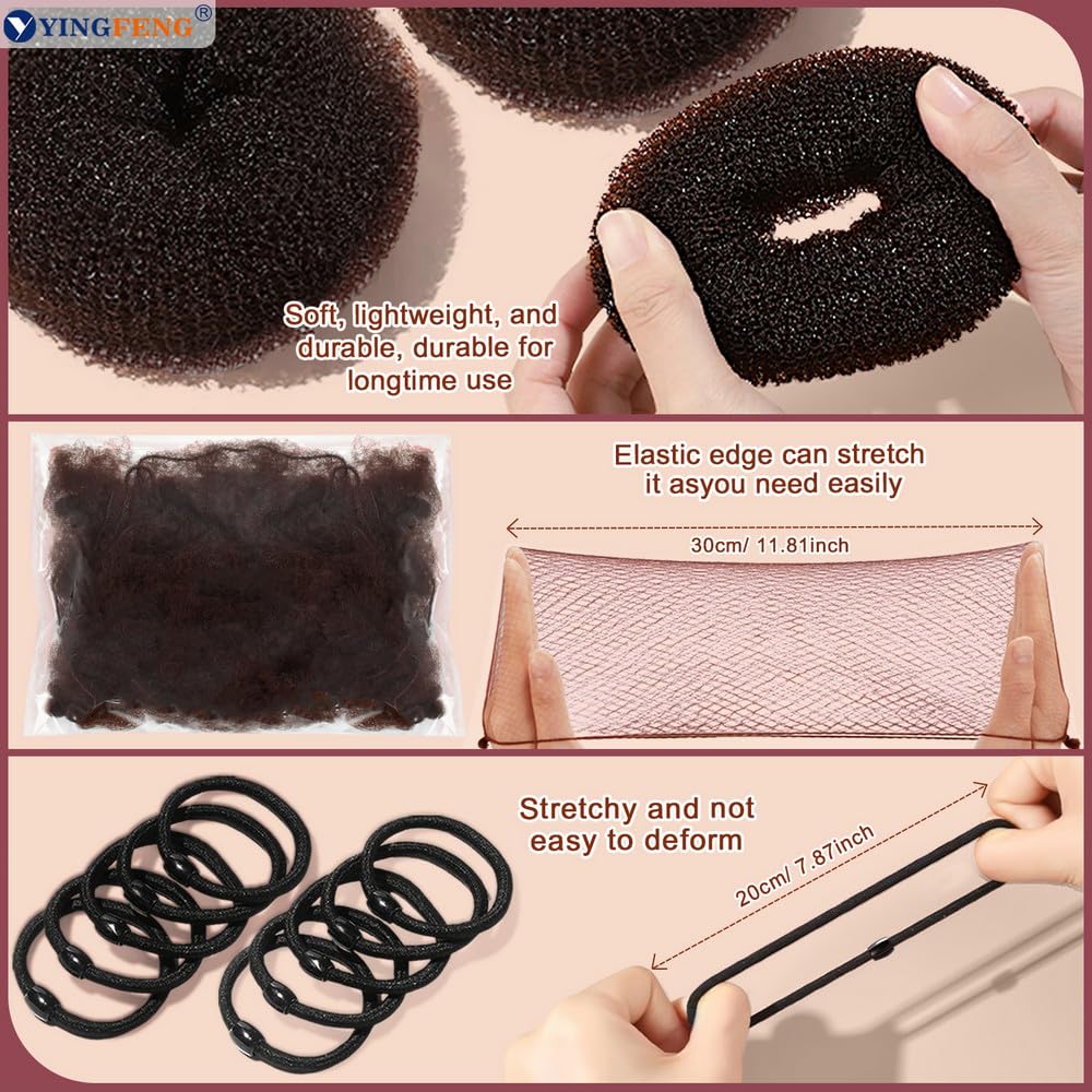 134 Pcs Brown Hair Bun Maker Kit Medium - 4 Bun Hair Pieces for Women, 20 Hair Net for Buns, 100 Bobby Pins for Women, 10 Hair Bands, for Ballet Styling, Hair Accessories for Girls - Image 7