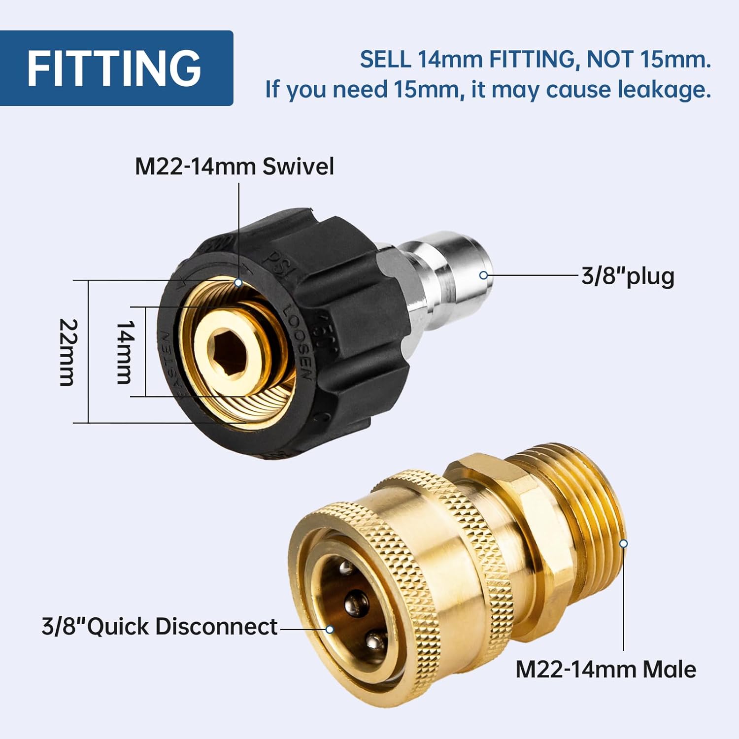 Pressure Washer Adapter Set, Quick Connect Kit, M22 14mm to 3/8 Inch Quick Connect Pressure Washer Hose Adapter - Image 3